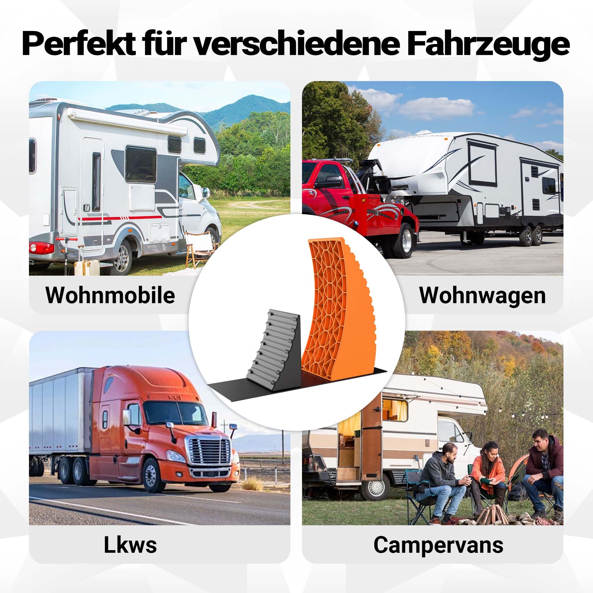 Wiltec 2 Cunei fermaruota 3,5 t/coppia, bloccaruote 42,4 x 17 x 17,4, fermi 20,7 x 17 x 9,6 cm, livellatori in plastica con borsa di trasporto e tappetini, per camper, rimorchi, camion