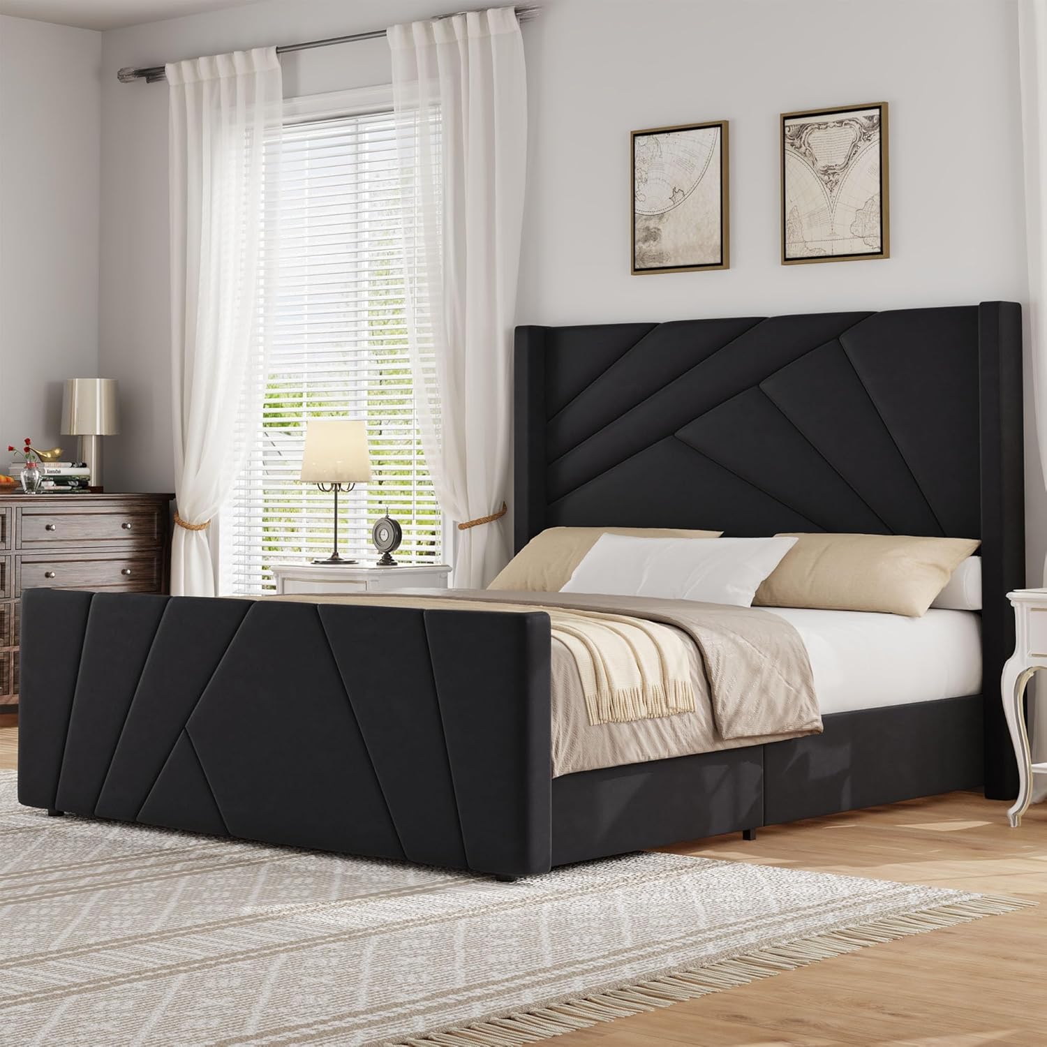 BarnFurin Queen Size Bed Frame, Velvet Upholstered Platform Bed with Geometric Tufted Headboard & Footboard, Wingback Design, Mattress Foundation with Wooden Slats, Black