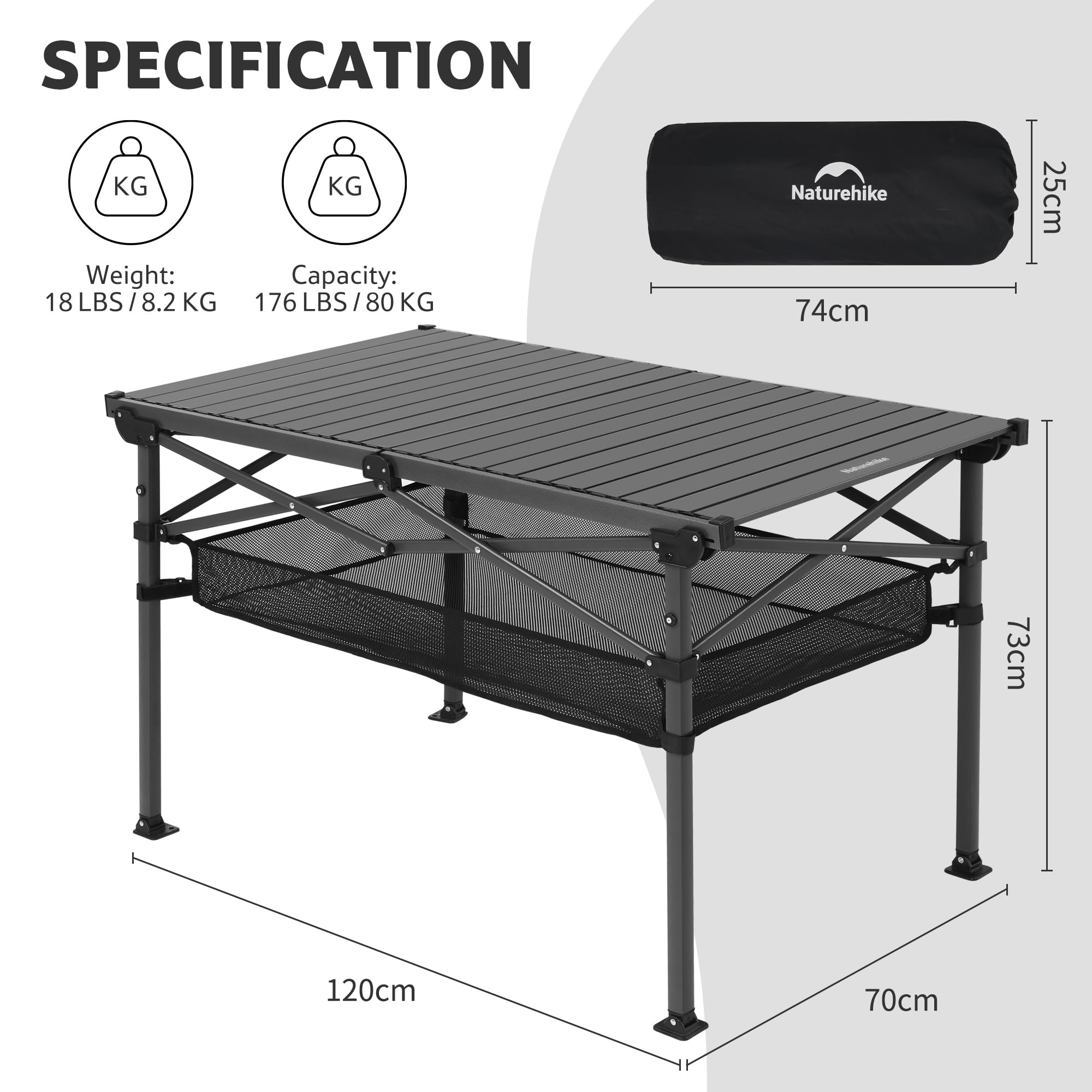 Naturehike Składany stół kempingowy, poszerzona i podwyższona rama aluminiowa, udźwig 80 kg, montaż w ciągu kilku sekund bez użycia narzędzi, idealny na kemping, balkon, do domu,