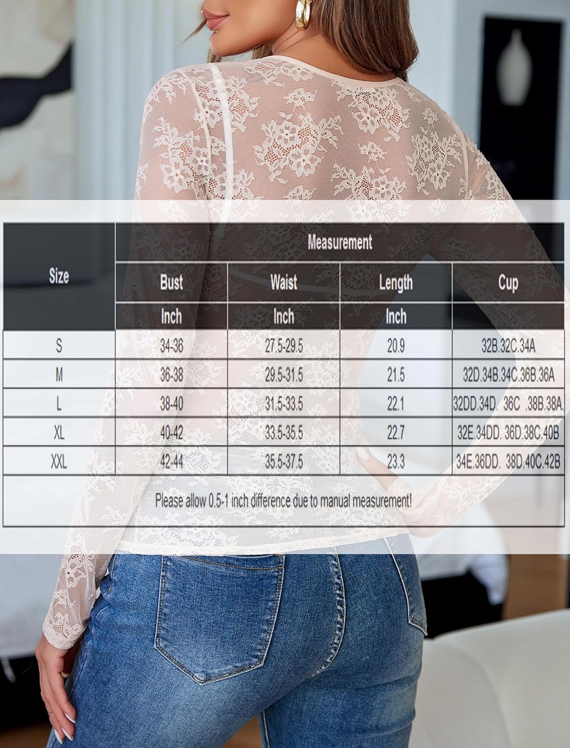 Avidlove Lace Mesh Top for Women Long Sleeve Crew Neck Sheer Blouse See Through Floral Lace Tops - Image 6