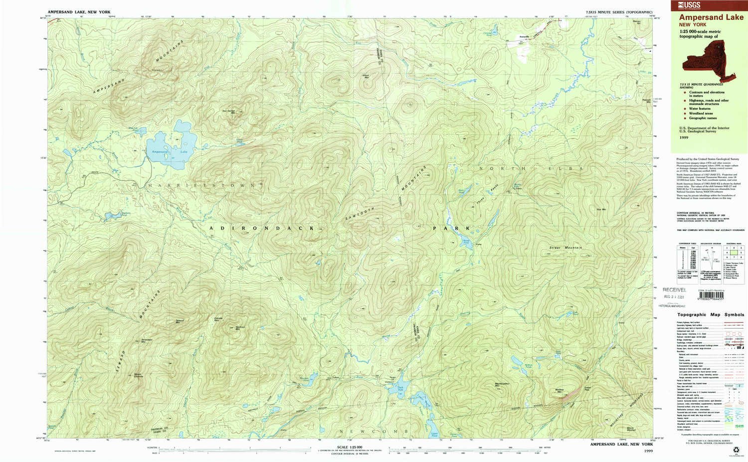 YellowMaps Ampersand Lake NY topo map, 1:25000 Scale, 7.5 X 15 Minute, Historical, 1999, Updated 2001, 24 x 38.8 in