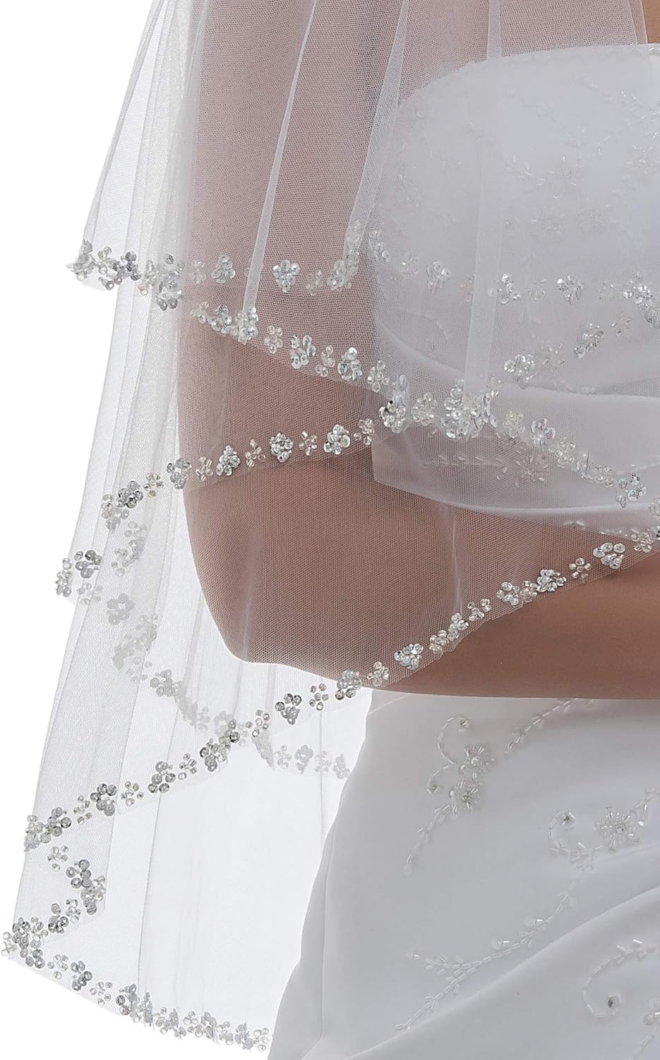 SAMKY 2T 2 Tier Pearls Silver Beaded Bridal Wedding Veil - Image 3