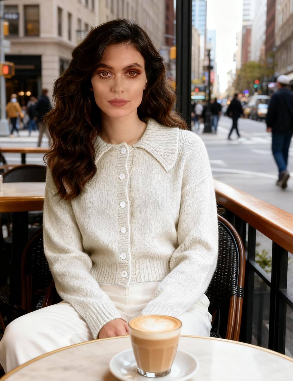 Watashi Women Sweater Cardigan Casual Cropped Collared Knit Cardigans Button Up Long Sleeve Fall Spring Sweaters Knitwear - Image 2