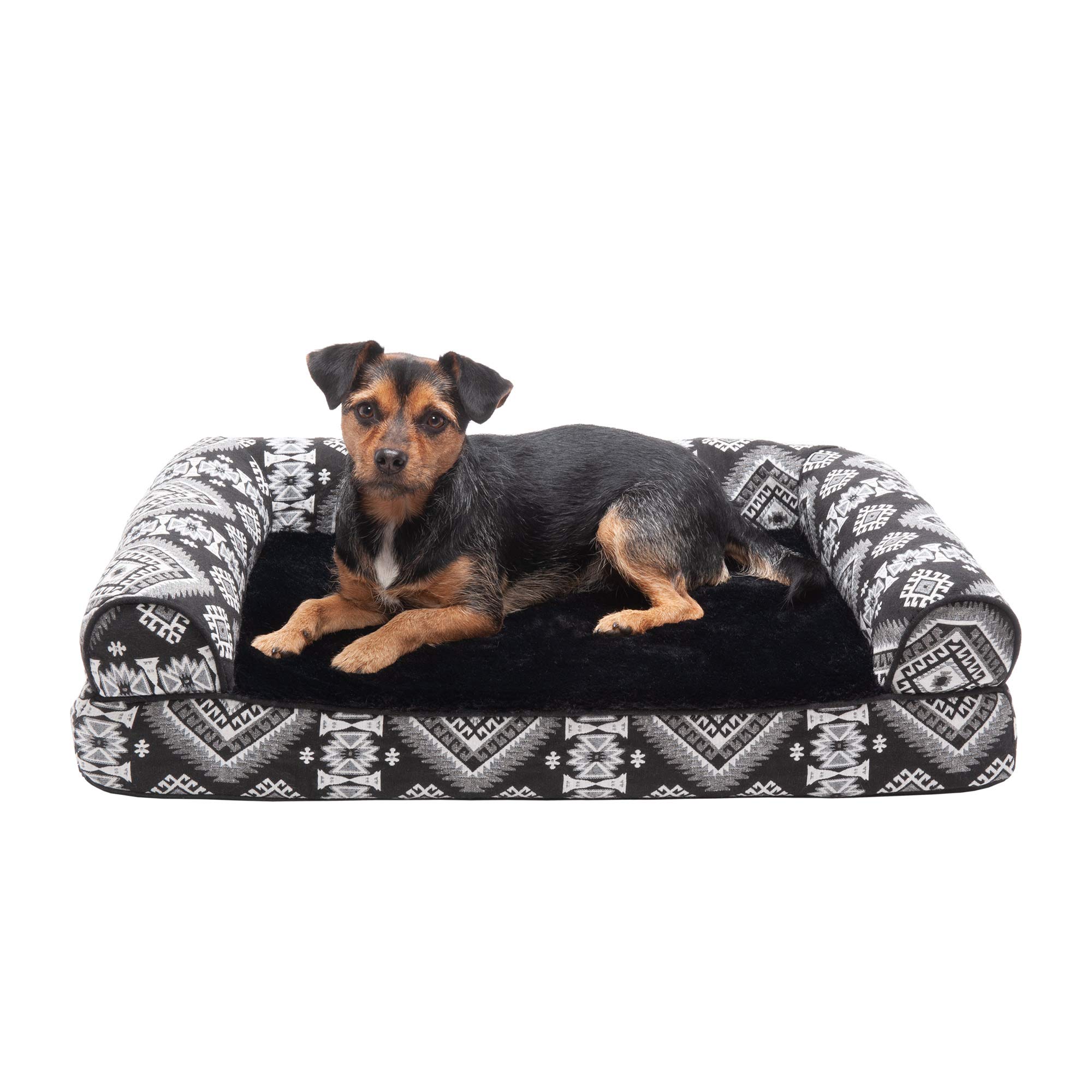 Furhaven Medium Cooling Gel Foam Dog Bed Plush & Southwest Kilim Decor Sofa-Style w/ Removable Washable Cover - Black Medallion, Medium