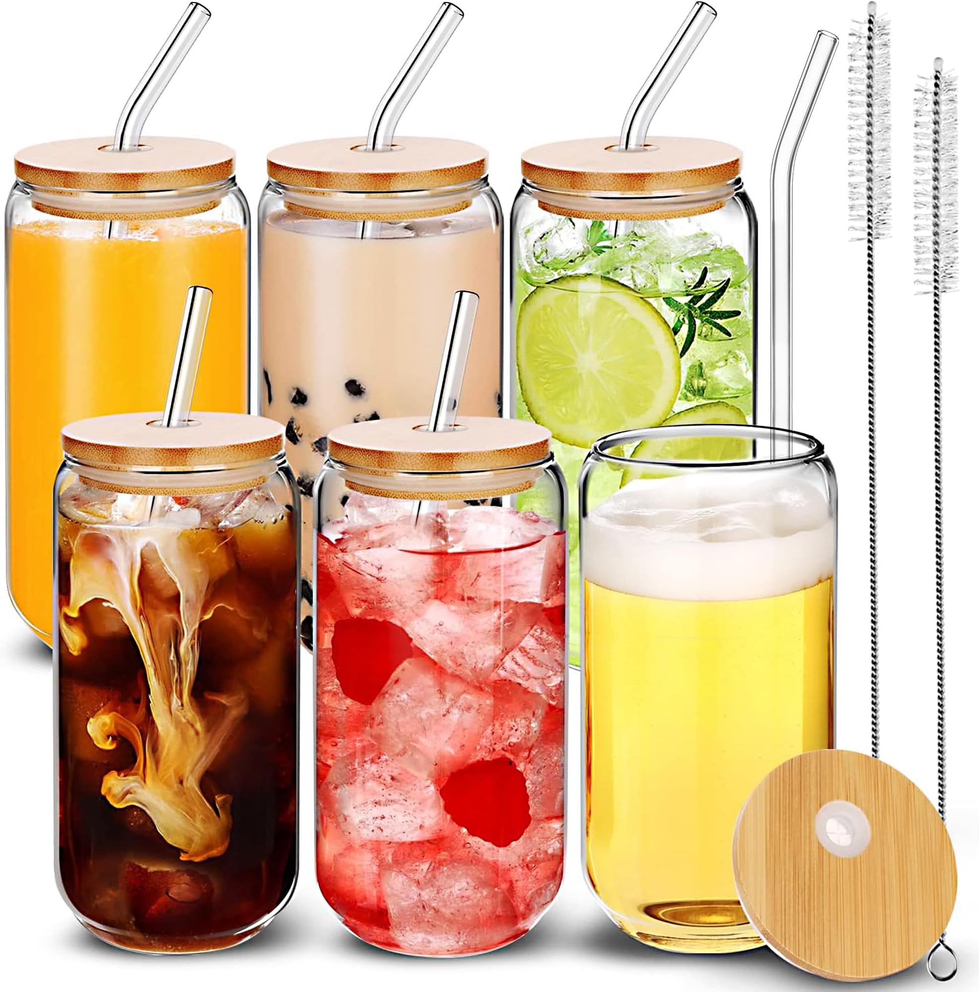 6 Drinking Glasses with Bamboo Lids and Glass Straws, 16oz Can Shaped Glass Cups, Glass Tumbler for Iced Coffee, Soda, Smoothies, and More…