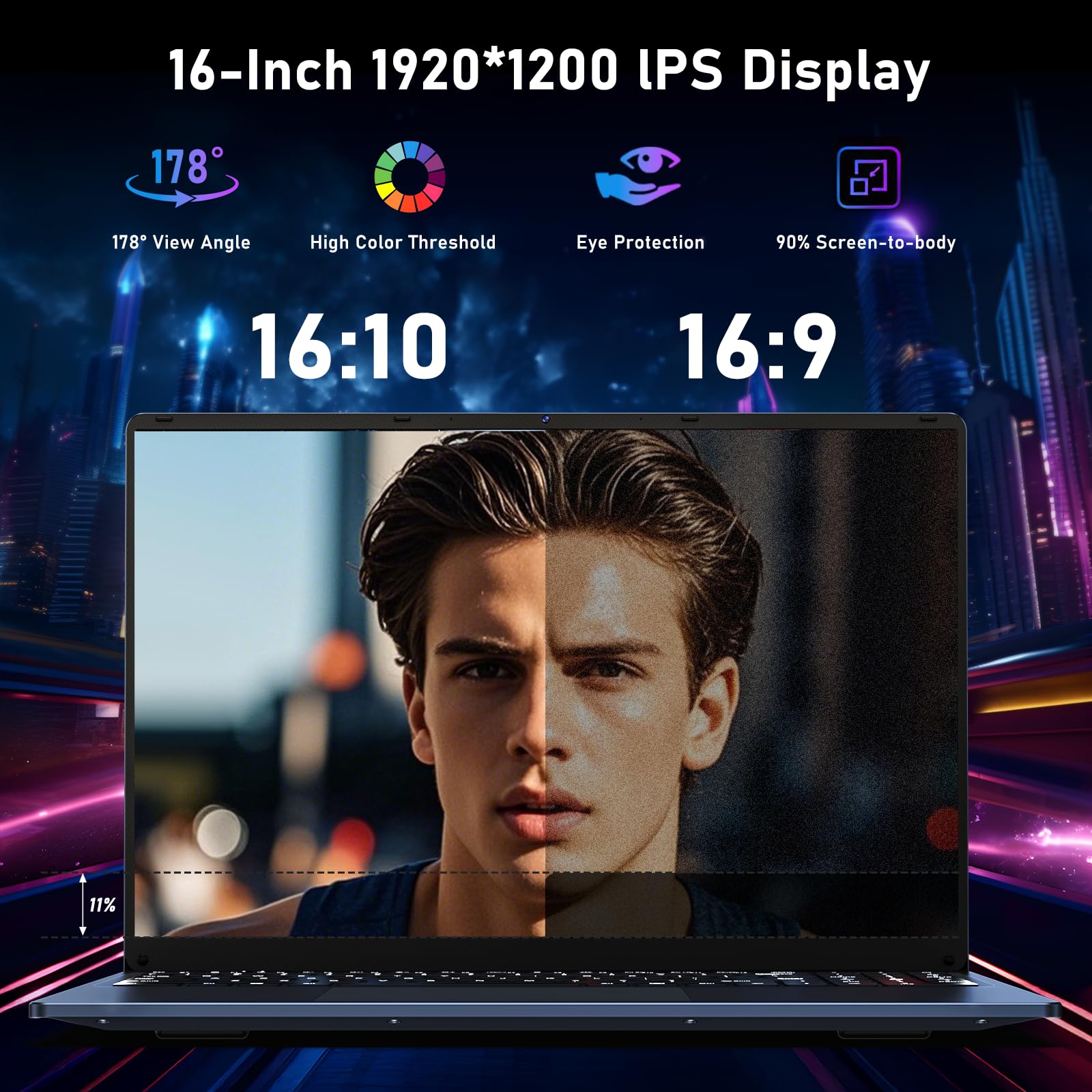 NAIKLULU 16 Pollici PC Portatile Laptop Processor N150 (1,2 a 3,6 GHz), RAM 16 GB SSD 1 TB Notebook Computer Portatile 2025, 1920x1200P/Tastiera Completa Retroilluminata/6000 MAh/Touchpad