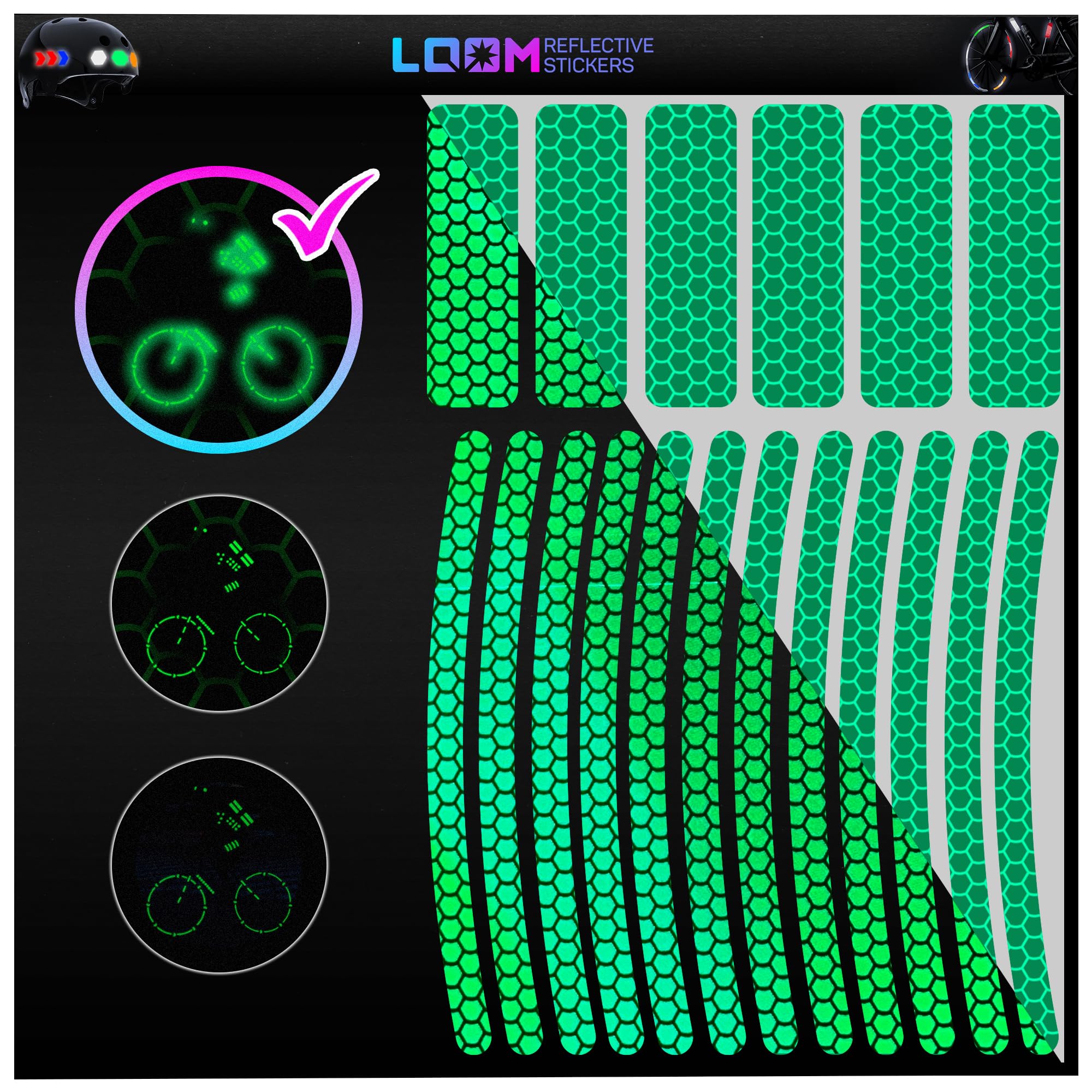 Loom Brilliant-Green Reflective Stickers For Bikes (18Pc Brilliant-Gre)-Waterproof, High Visibility Bike Stickers For Flat Surfaces-Nighttime Safety Reflective Stickers For Helmet,Bicycle & Motorcycle-Adhesive Reflectors