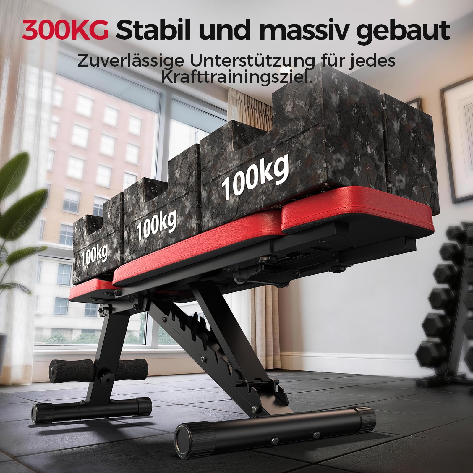 Verstellbare Hantelbank mit Kopfstütze, 300 kg Tragfähigkeit, 10-fach verstellbare Rückenlehne, doppelt gestützte Trainingsbank für Brust, Schultern und Arme, kompakt und klappbar