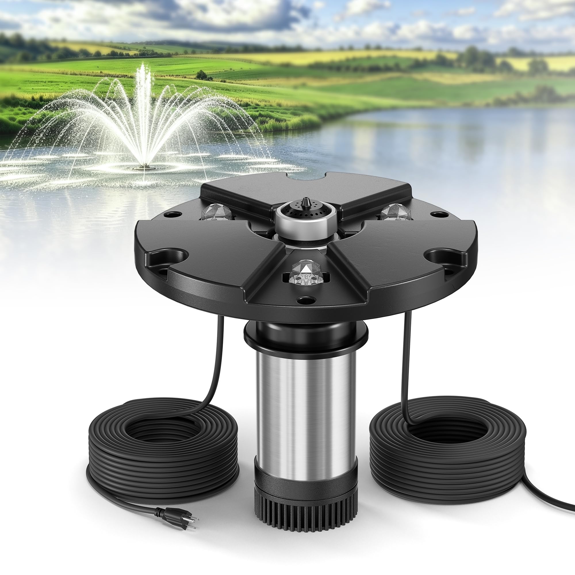 Ecospray 450W Floating Pond Fountain with Built-in RGB LED Lights, for Small Lakes and Large Ponds, 4 Spray Nozzles Included, 100 ft Cord (450W+Light Kit)