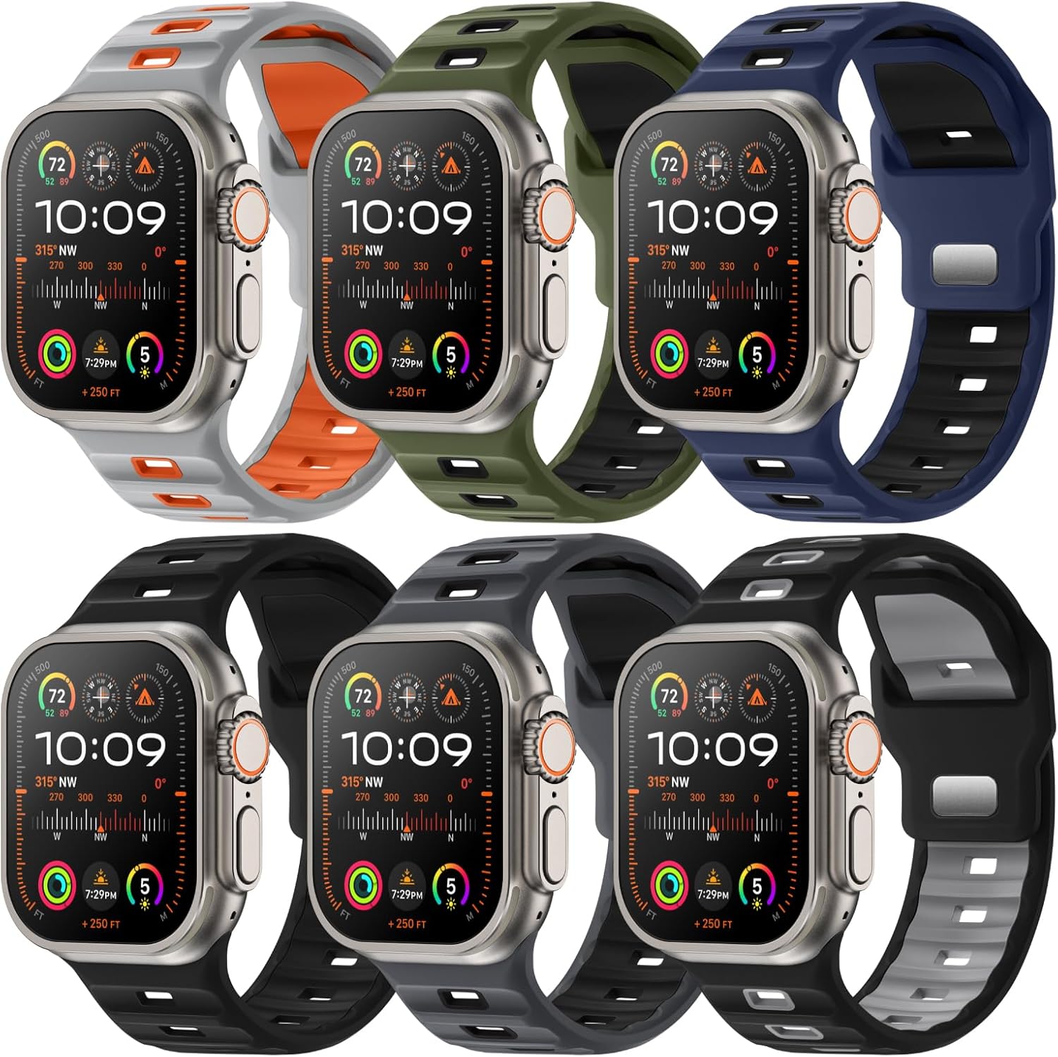 Sport Bands 6-Pack Compatible with Apple Watch Ultra 3/2 Band 49mm 46mm 45mm 44mm 42mm, Wide Soft Silicone Wristbands Waterproof Strap Men for iWatch Series 11 10 9 8 7 6 5 4 3 SE Ultra