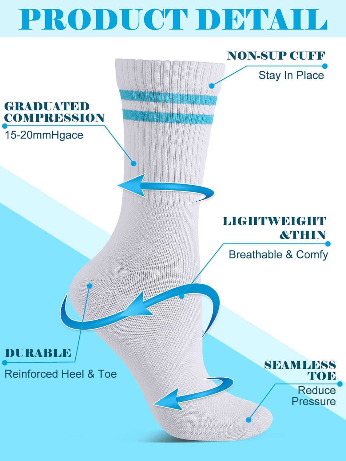 Chuarry 6 Pairs Compression Striped Crew Socks for Women 15-20 Mmhg Lightweight Cotton Compression Socks with Colorful Stripes Mid Calf White Athletic Socks for Sports Running Cycling - Image 3