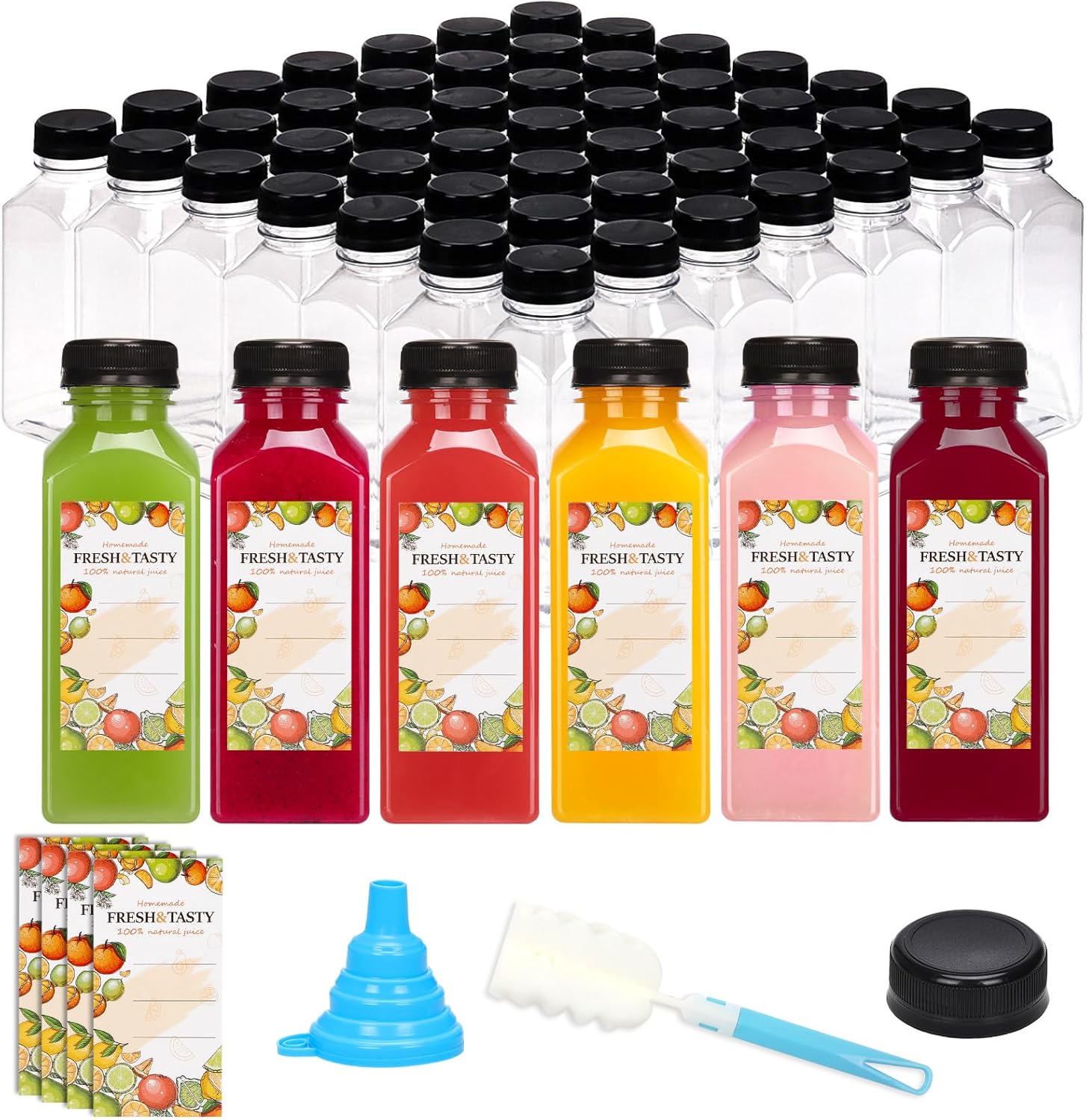 TOMNK 150pcs Juice Bottles, 12oz Reusable Plastic Juice Bottles with Caps and Labels, Funnel, Brush Beverage Containers for Juicing, Smoothies, Tea, Milk