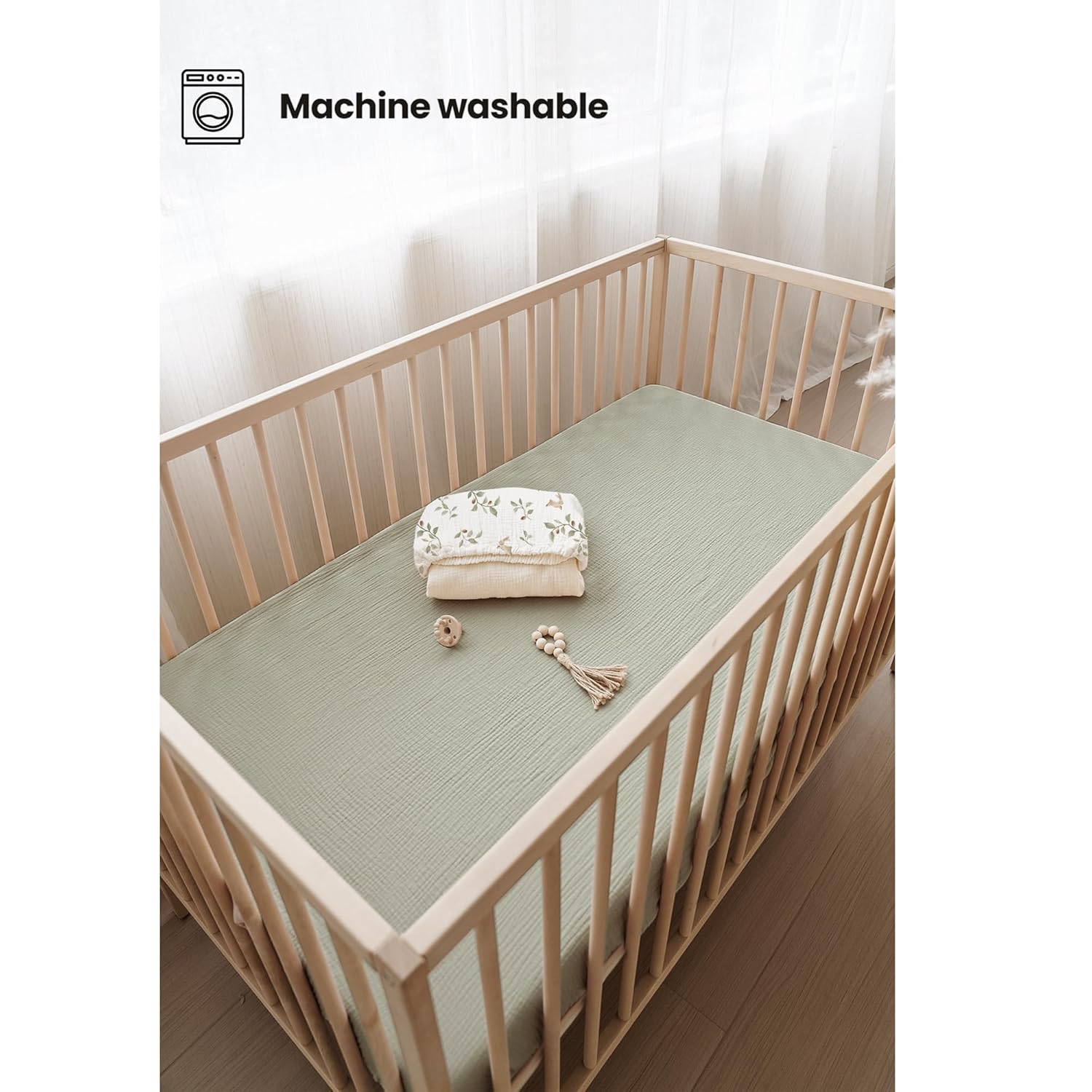 Konssy Muslin Crib Sheets 2 PCS, 100% Cotton Baby Crib Sheets for Standard Crib Mattress (28"x 52"), Soft and Breathable for Boys, Girls (Rabbit,Fog Green)