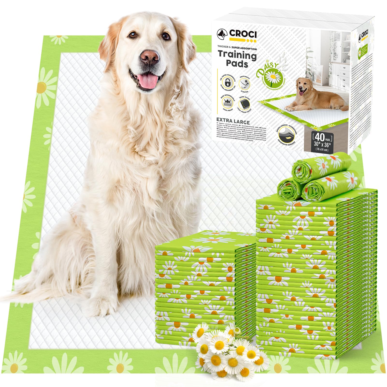 CROCI Pee Pads for Dogs 30x36in Daisy Pattern, Puppy Pads with Adhesive Tabs Super Absorbent Up to 10 Cups, Disposable (40 Counts)