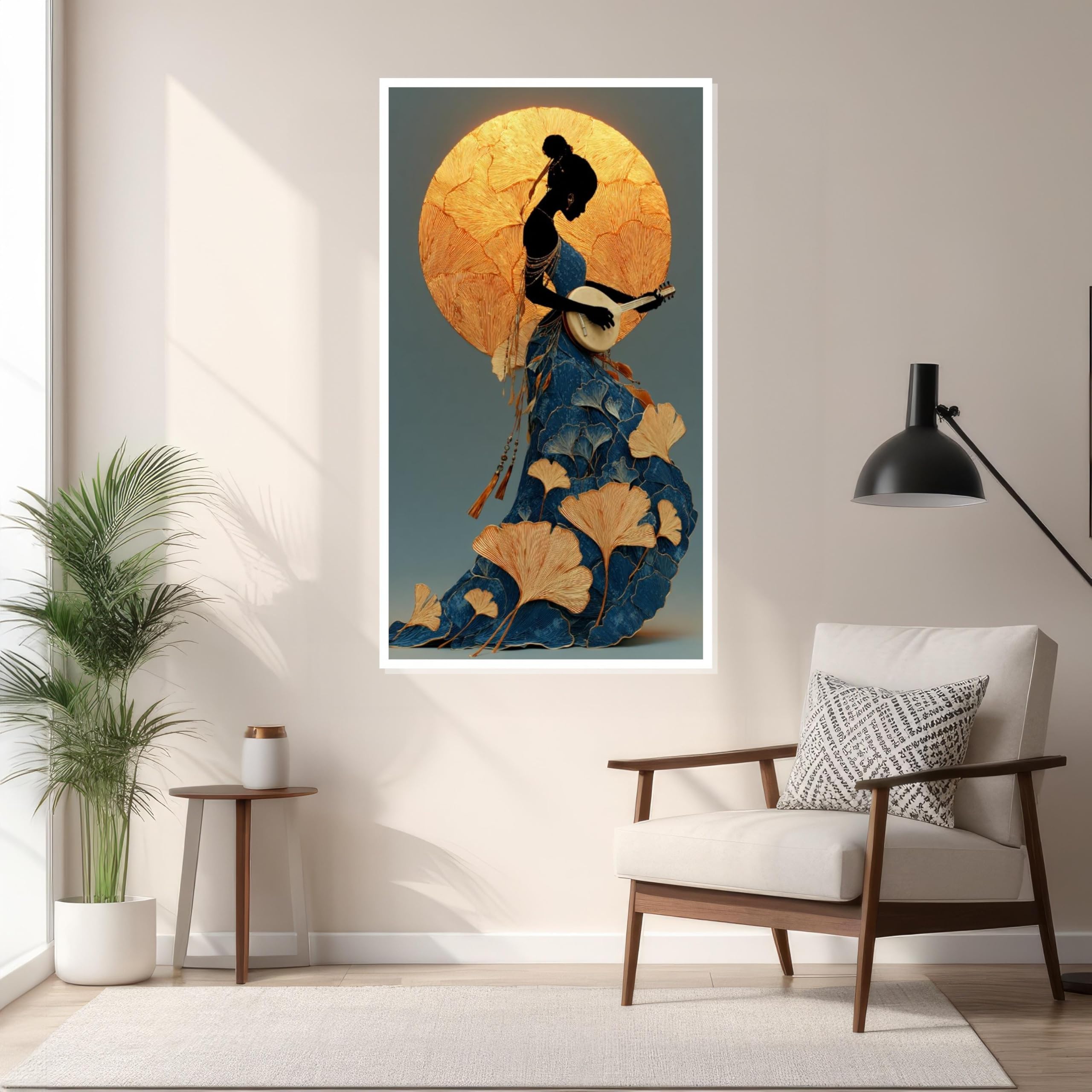 TONGYINLI Elegancki muzyk płótno plakaty i druki kobieta banjo złota aura sztuka ścienna do salonu dekoracja domu (45 x 80 cm / rama wewnętrzna)