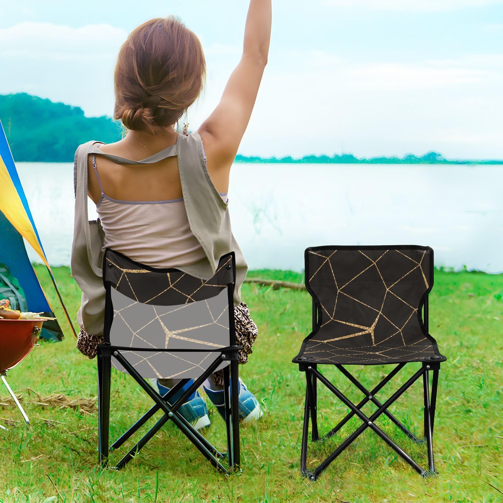 FRODOTGV Sedia da campeggio ultraleggera compatta in rete dorata, ultra leggera, con borsa per il trasporto, sedie da esterno per campeggio all'aperto, Rete dorata, 1 Size, Country Rustico