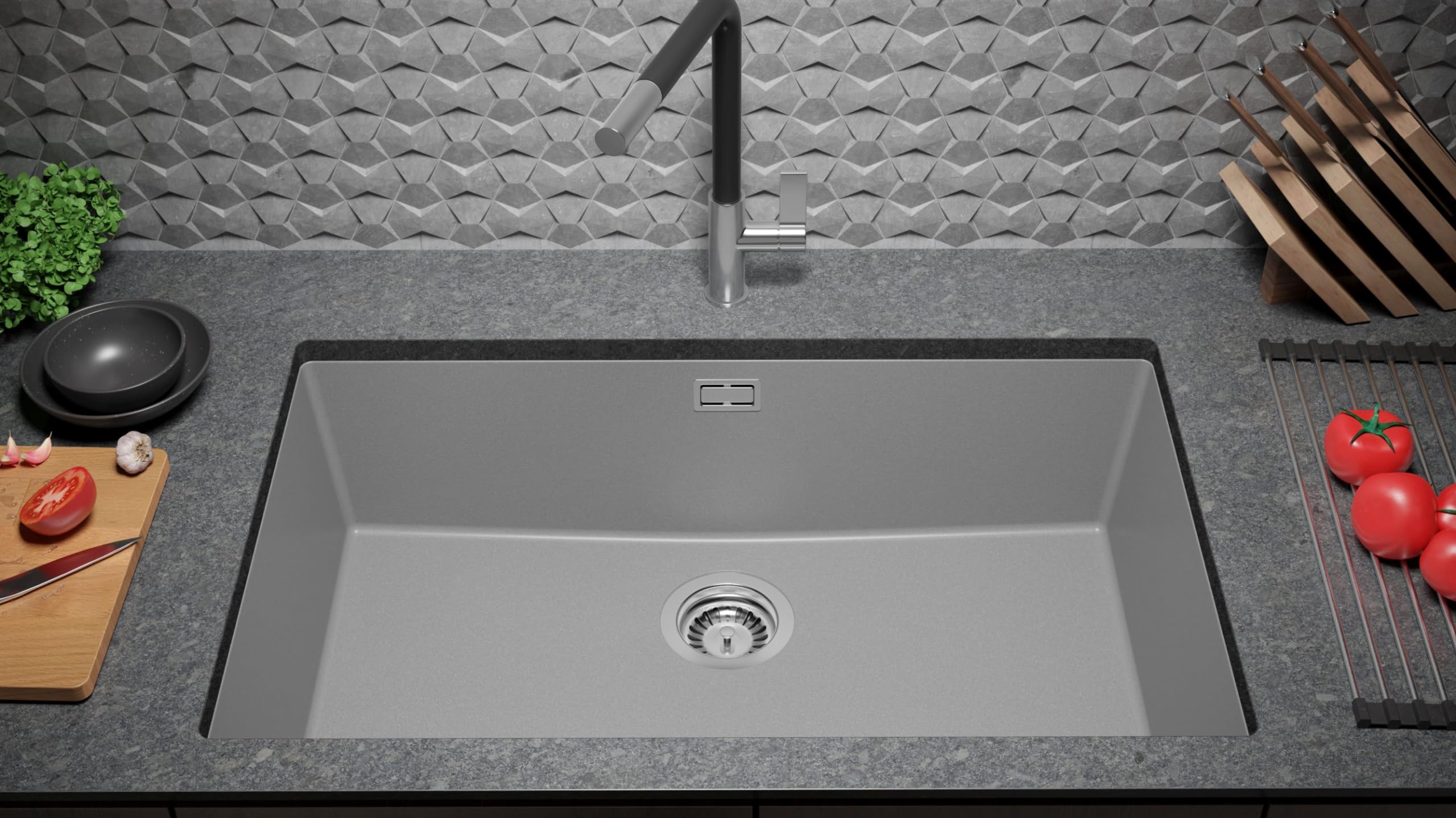 PRIMAGRAN Fregadero bajo Encimera al Mueble 80cm + Kit de desagüe, 76x47cm | Set: Kit de desagüe (Sifón, válvula de desagüe, rebosadero) + London 1 Seno para Cocina, Gris