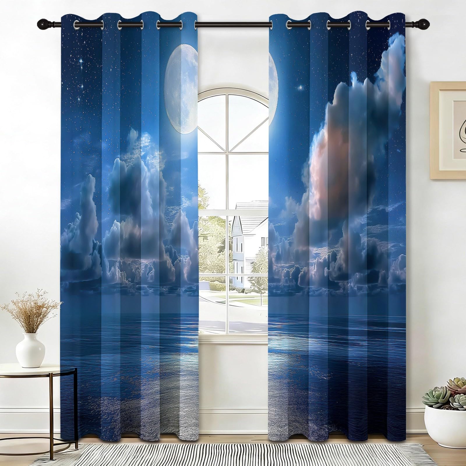 Cortina opaca para dormitorio, cortinas opacas con ojales, misteriosas cortinas de mar, luna, cielo estrellado, para salón, habitación infantil, puerta de balcón, protección UV, cortina térmica, 245 x