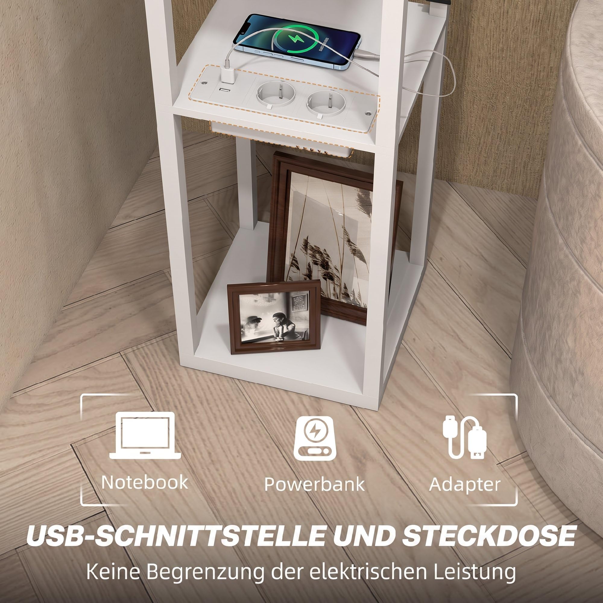 HOMCOM Stehlampe mit Regal, Stehleuchte mit 3 Fächern, E27 Sockel, Weiß