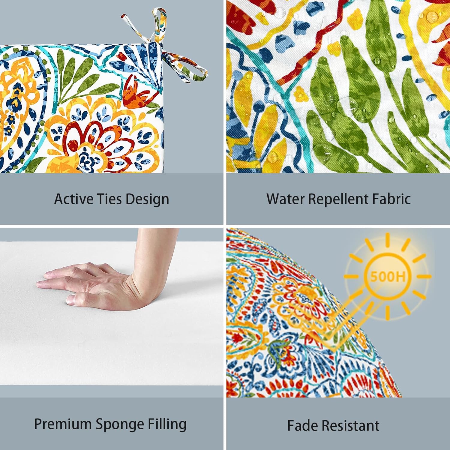 LVTXIII Outdoor Chair Cushions, Water Repellent Patio Furniture Cushions Outdoor Square Chair Pads with Ties for Dining Chairs and Garden Furniture Decoration, 18.5"x16"x2" Set of 4, Paisley Multi