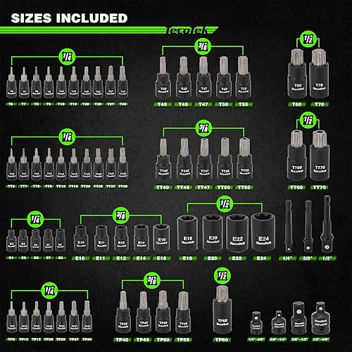 Miniatura 2 de Juego de 67 piezas Master Torx Bit Socket y Torx Externo, 14", 38" y 12" Drive, acero S2 y Cr-V, E4 - E24, T6 - T70, TT6 - TT70, TP8 - TP60, incluye