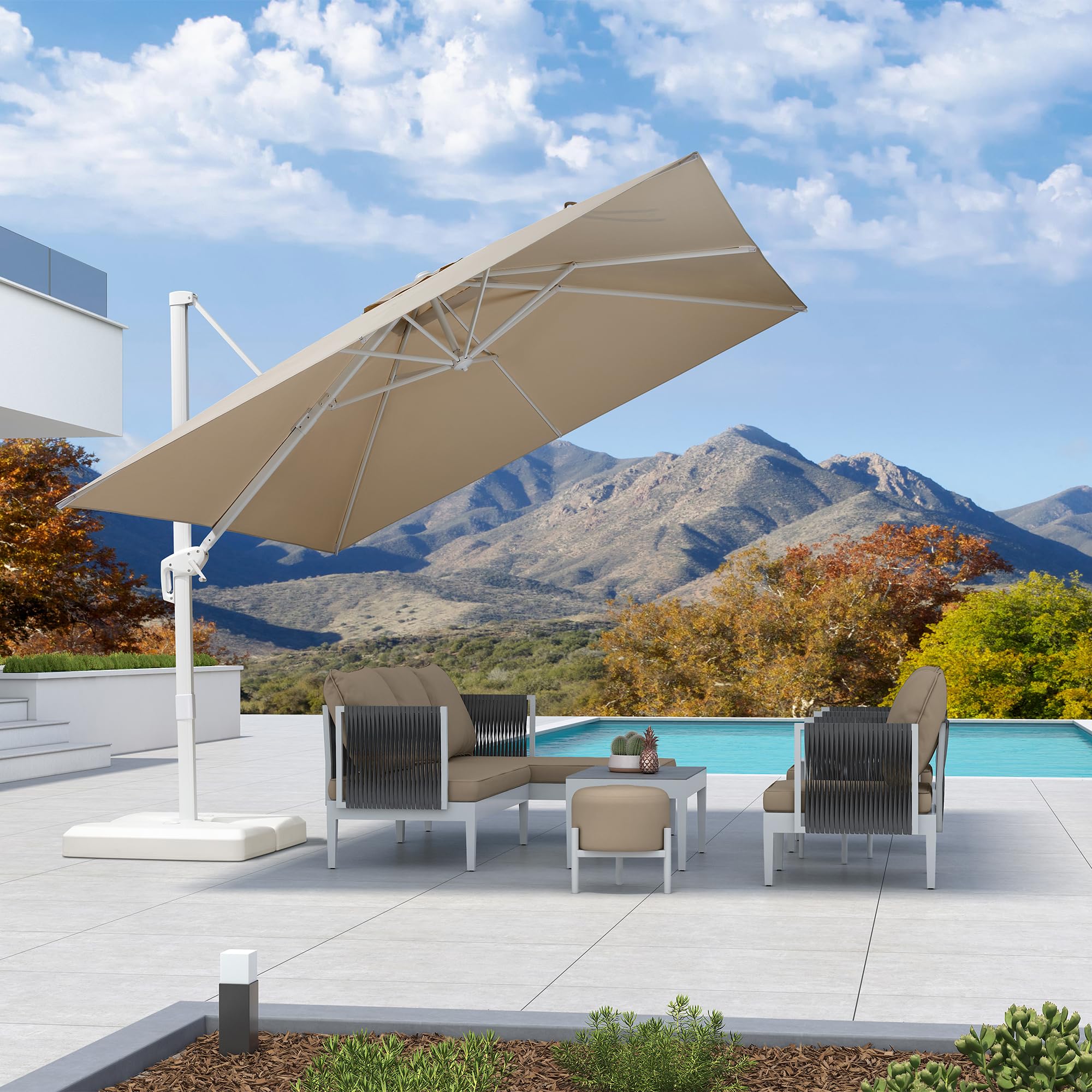 PURPLE LEAF Parasol Déporté 3 x 3 m Beige avec Mât Alu Blanc Pied Croix