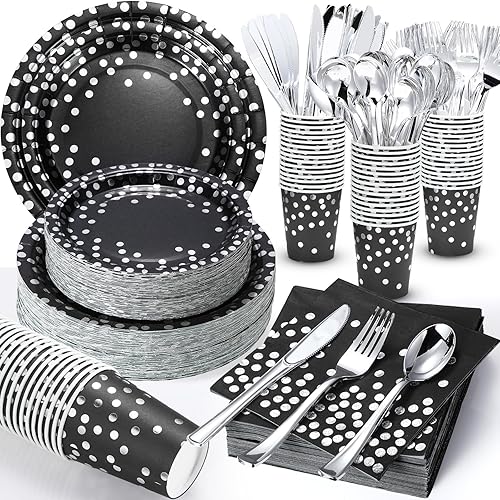 Sieral 560 piezas de suministros de fiesta negros y plateados para 80 invitados, platos de papel desechables, servilletas, tazas, tenedores,