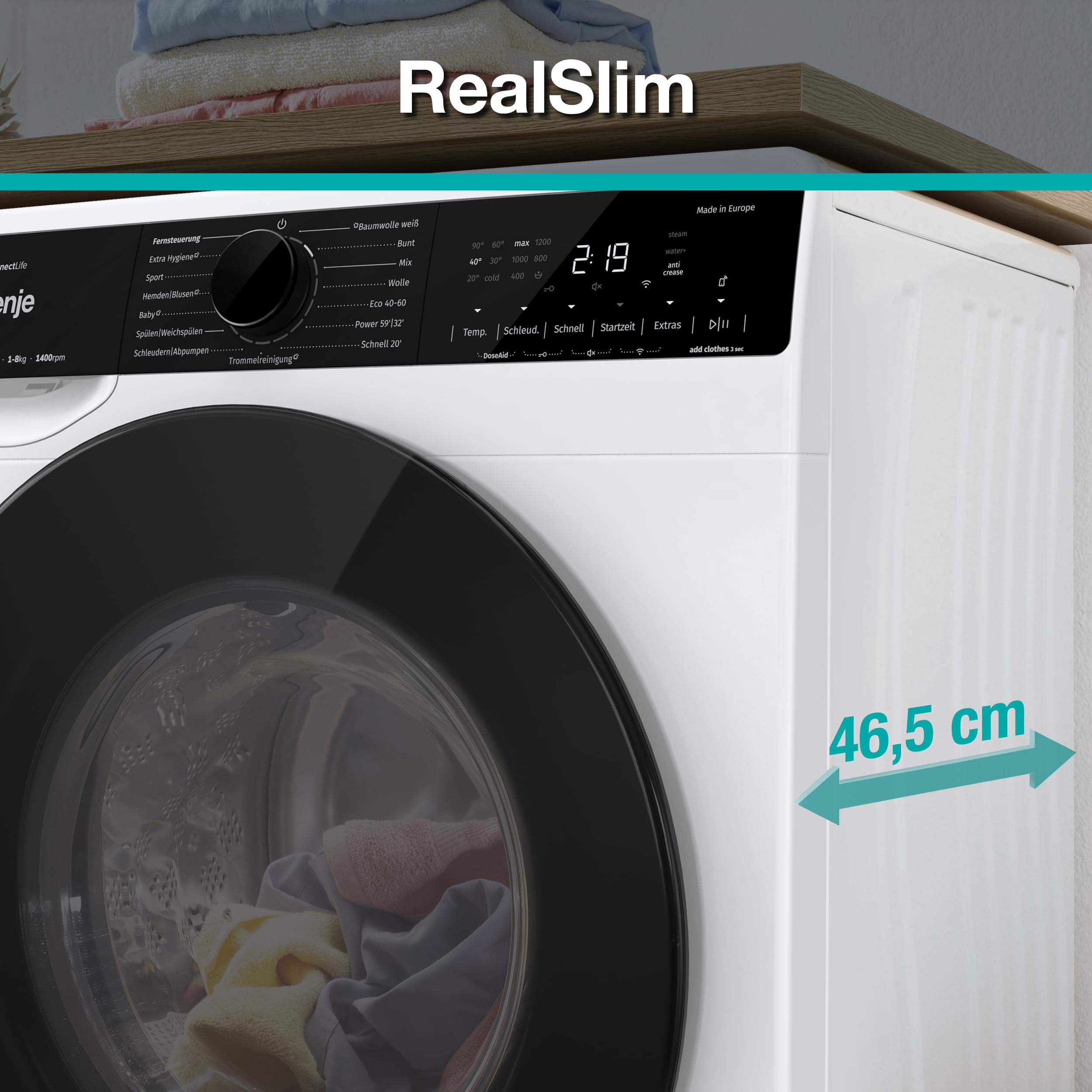 Gorenje WPNA 84 SATSWIFI Waschmaschine mit Dampffunktion / 8 kg / 1400 U/Slim Line/ConnectLife WiFi/Total AuaStop/Inverter PowerDrive Motor/Edelstahltrommel/Kindersicherung/EEK A