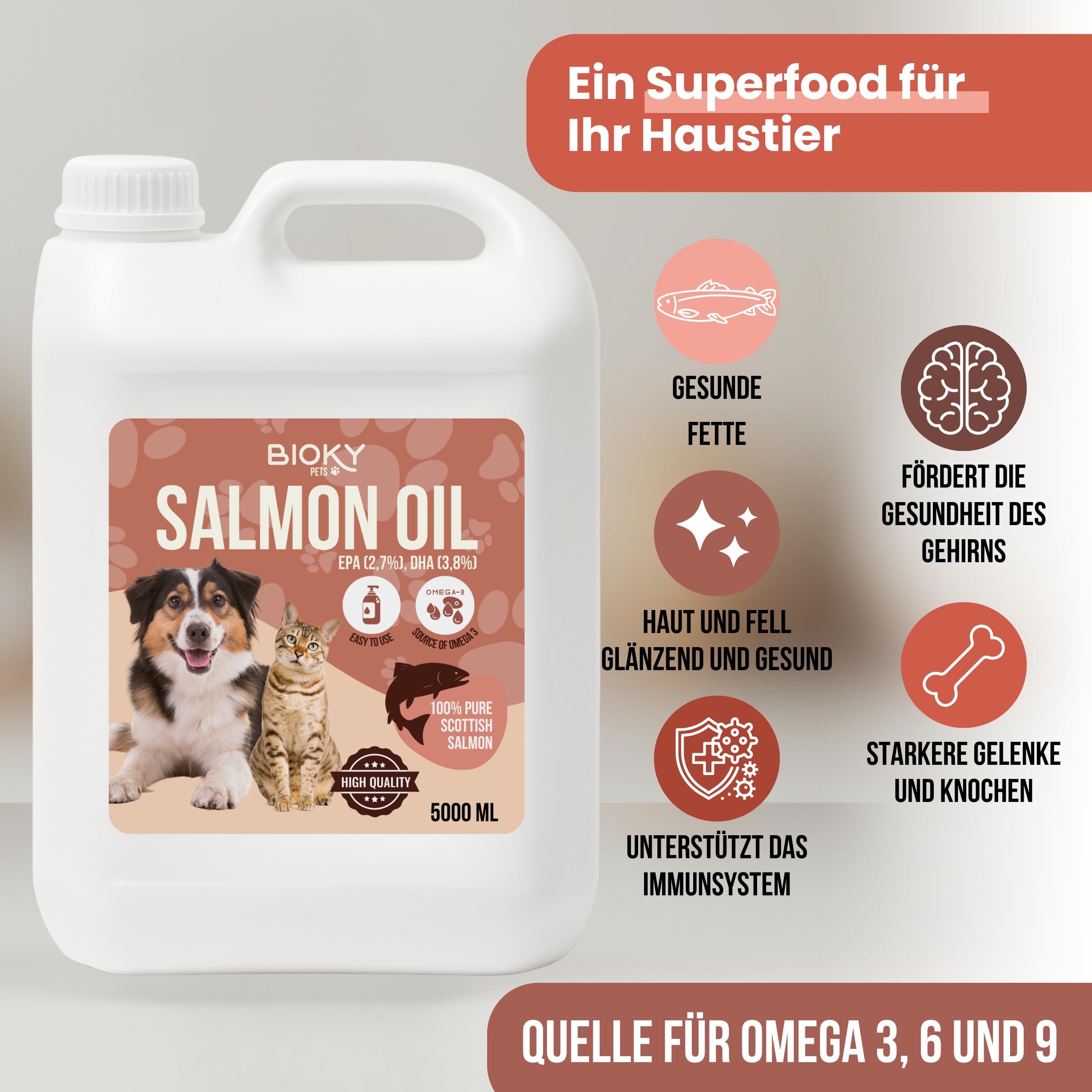 Lachsöl: Hunde und Katzen, 5 l, Quelle von Omega 3 und 6, EPA und DHA, hochwertiges Nahrungsergänzungsmittel mit Fettsäuren und Vitamin E – Herkunft Schottland