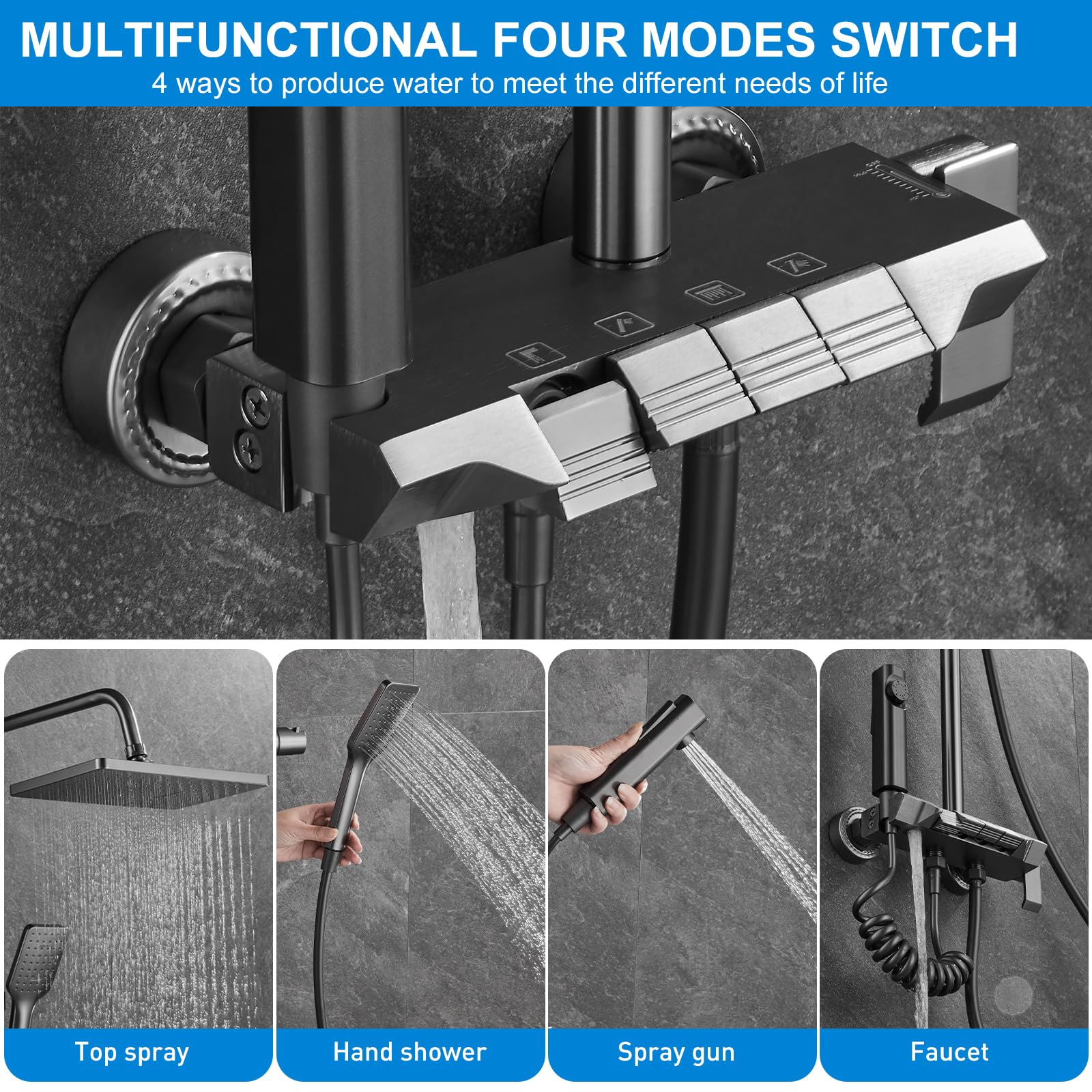 Colonna Doccia Con Miscelatore E Soffione 30x20cm - 4 Funzioni, Tasti Pianoforte, Nero - Idromassaggio E Cascata - Foto 5