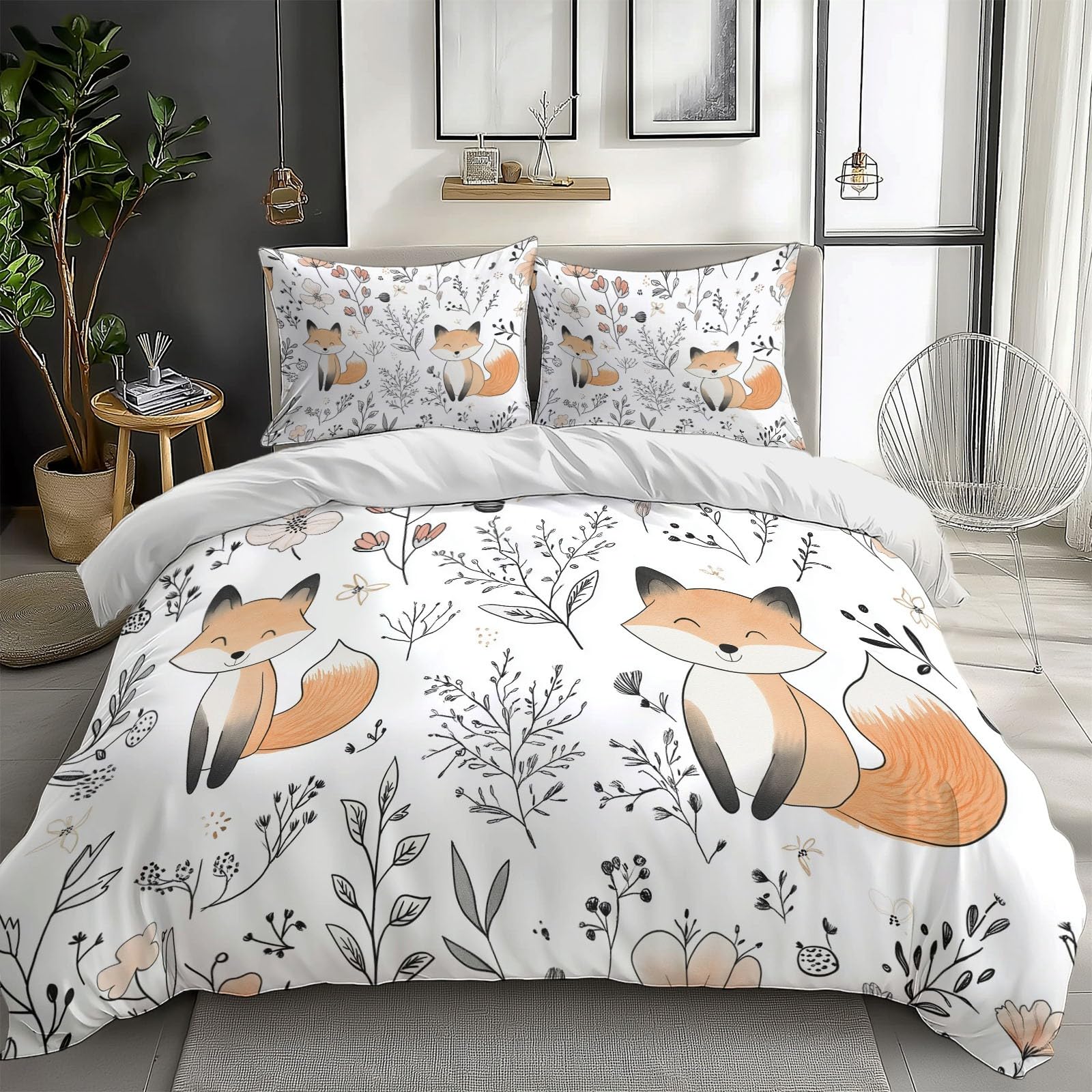Bedding Sets Cartoon Fox Flower Print Duvet Cover Set, Comforter Cover 3D Duvet Cover Full Size Soft Youth Reversible 3-Piece Quilt Cover for Kids Teens