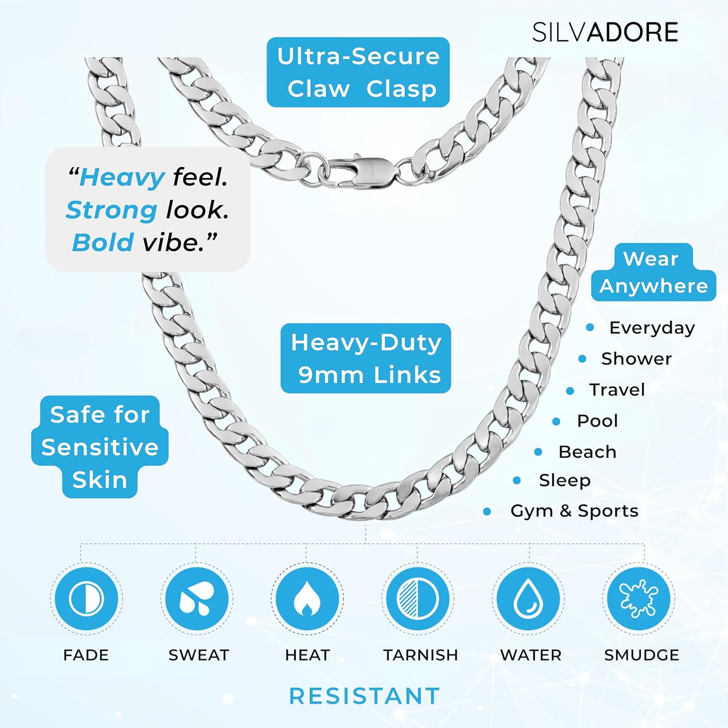 Silvadore Silver Cuban Link Chain for Men Necklace (9mm) - 925 Silver Plated Stainless Steel Chain for Men - Thick, Flat, Non-Tarnish & Waterproof Jewelry - GIFT-READY - (18/20/22/24 inch) - Image 3