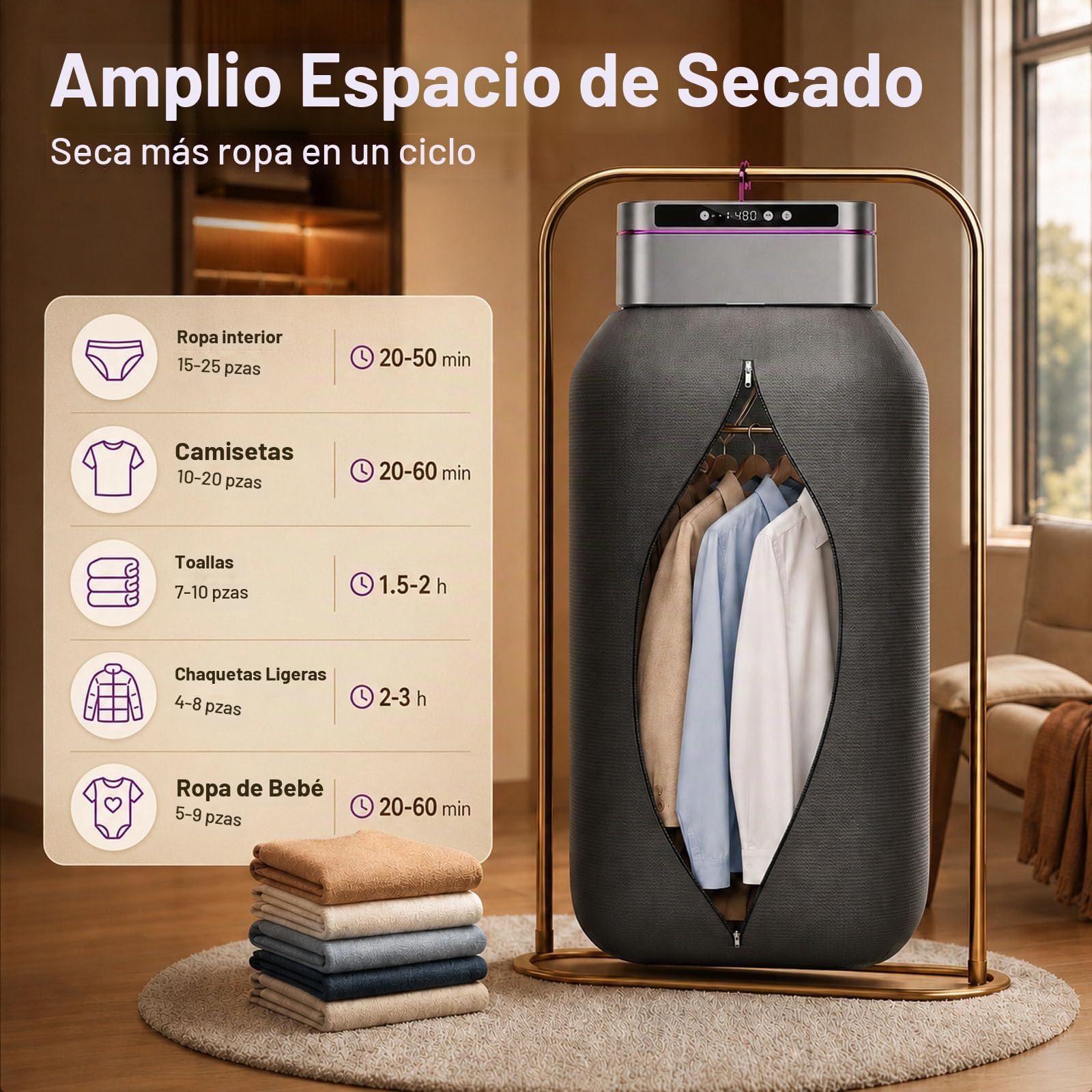 Secadora De Ropa Compacta Con Mando a Distancia,Zapatos y Edredones | Todo Un Solo Aparato,Cuenta Con 2 Niveles De Temperatura y 8 Ajustes De Temporizador,Ideal Para Viajes y Uso Doméstico