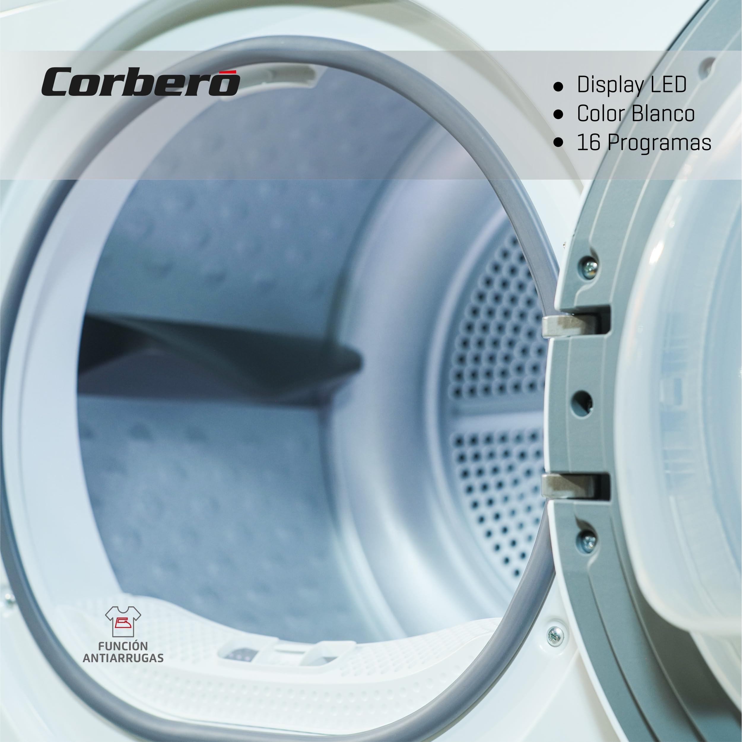 Corberó - Secadora Carga Frontal 8 kg | CSCEM8084W | Condensación | Display LED | 16 Programas | Inicio Diferido | Inicio/Pausa y Antiarrugas | 69dB | E. energética B, Blanco