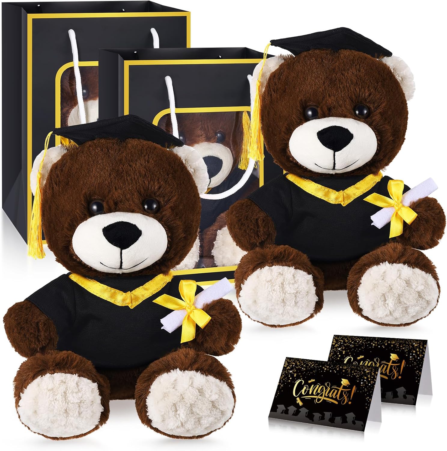 2 Sets Bear with Graduation Cap Toys Class of 2026 Graduation Plush Stuffed Teddy Bear Animal Dog Graduation Cap and Gown with Greeting Card and Bag for Graduation Day Gift(Black Bear A)