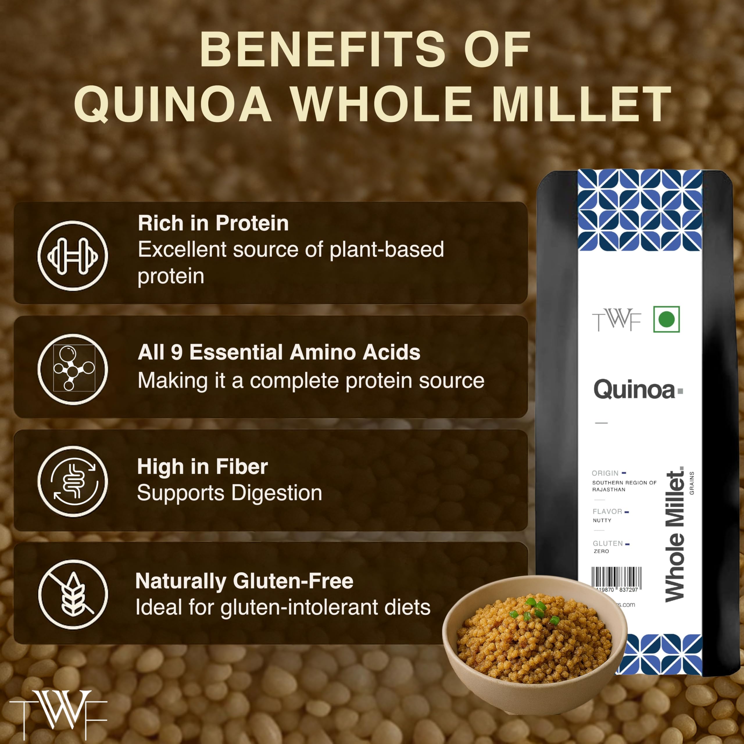 TWF Unpolished Quinoa Millets | 1kg pack | Quinao Grains | Hulled | Unpolished & Saponin-Free | Breakfast | Naturally Gluten-Free | Diet Food for Weight Loss | High in Protein & Fiber | 100% Wholegrain Superfood for Weight Management & Healthy Lifestyle. 1