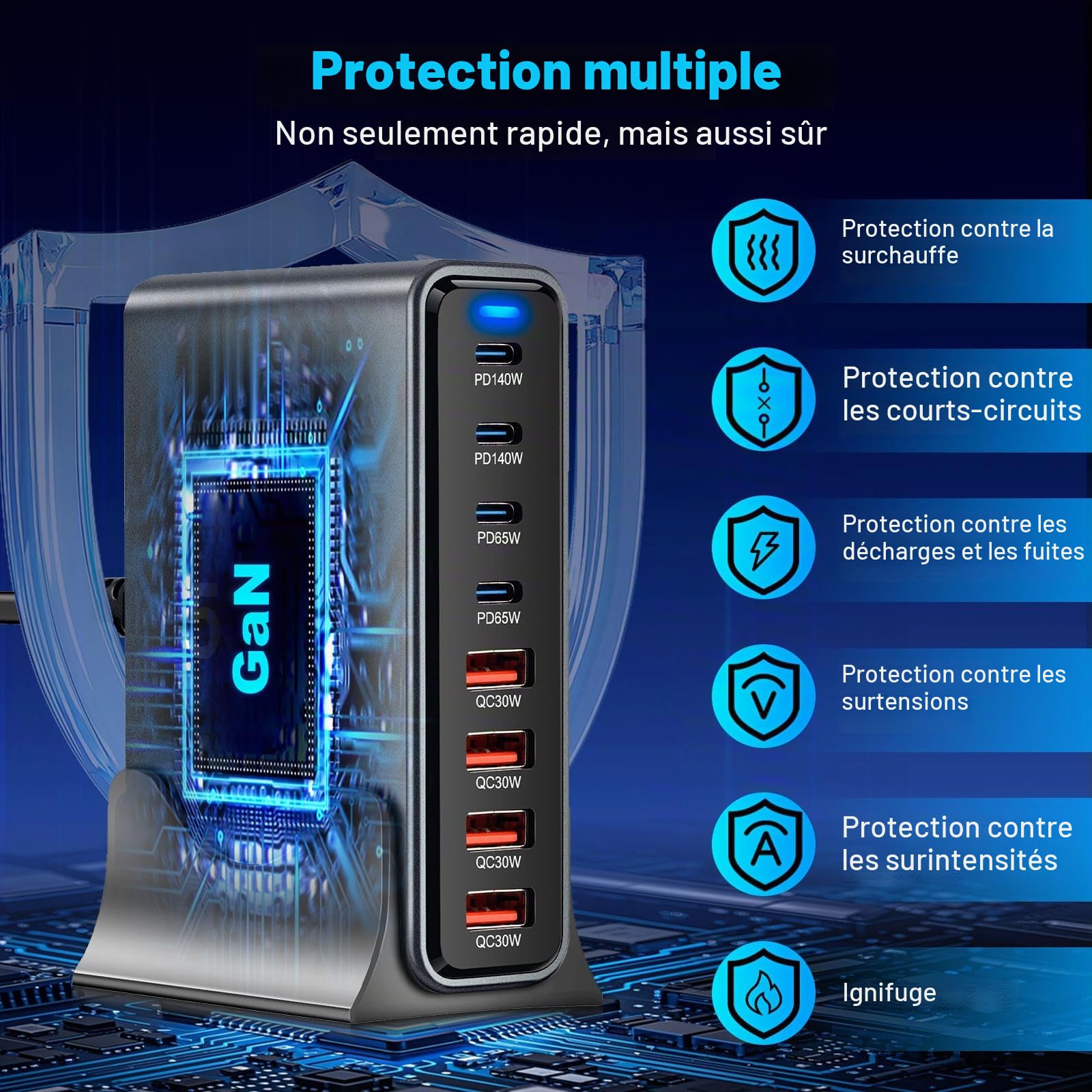 GaN III Chargeur USB C multiple 530 W avec 8 ports, chargeur rapide USB multiple avec 4 x USB-C et 4 x USB-A, PD140 W, 65 W, 30 W Power Delivery Station de charge USBC pour MacBook Pro/Air, iPhone