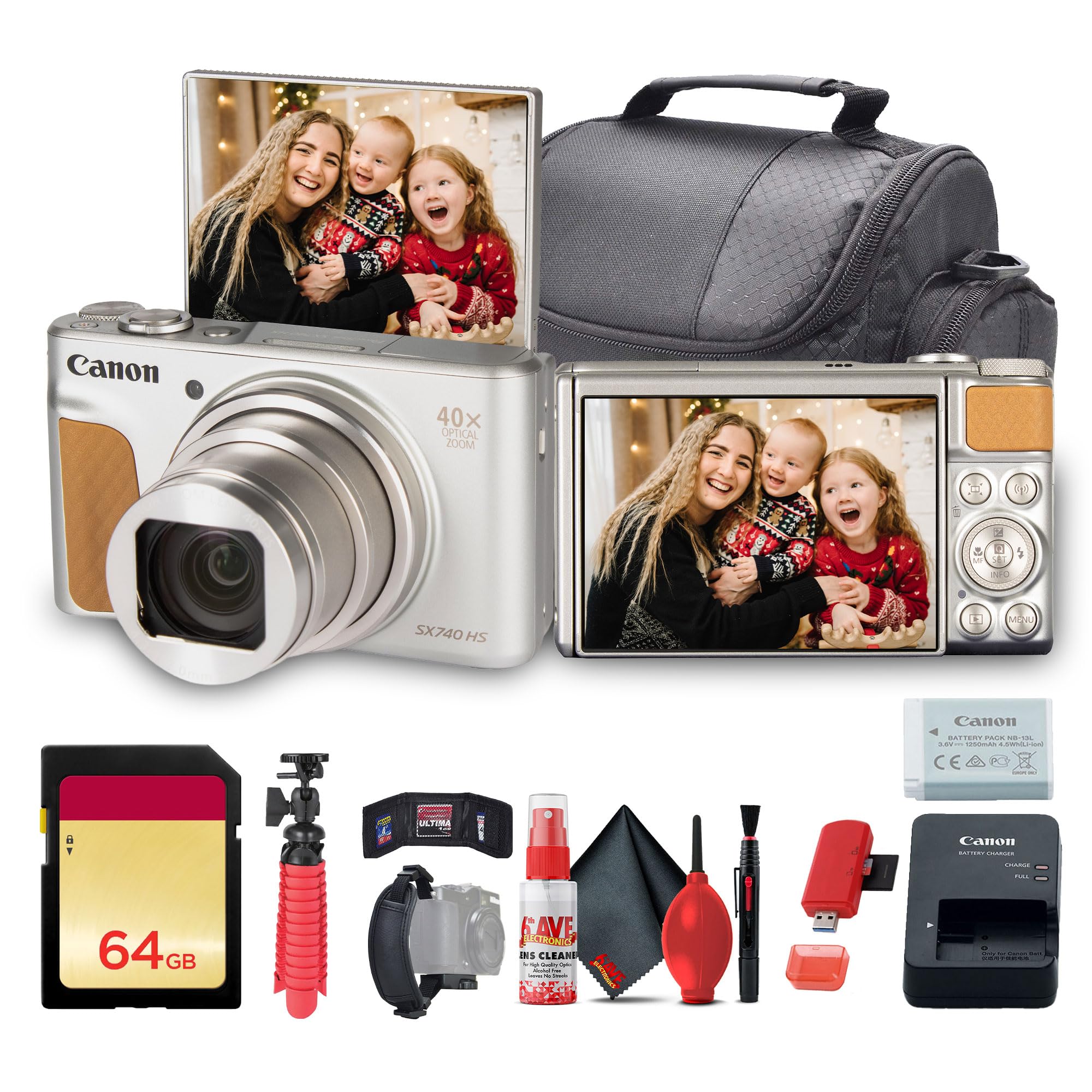 Canon PowerShot SX740 HS Lite Edition Digital Camera (Silver) + 64GB Memory Card + Card Reader + Deluxe Soft Bag + Flex Tripod + Hand Strap + Memory