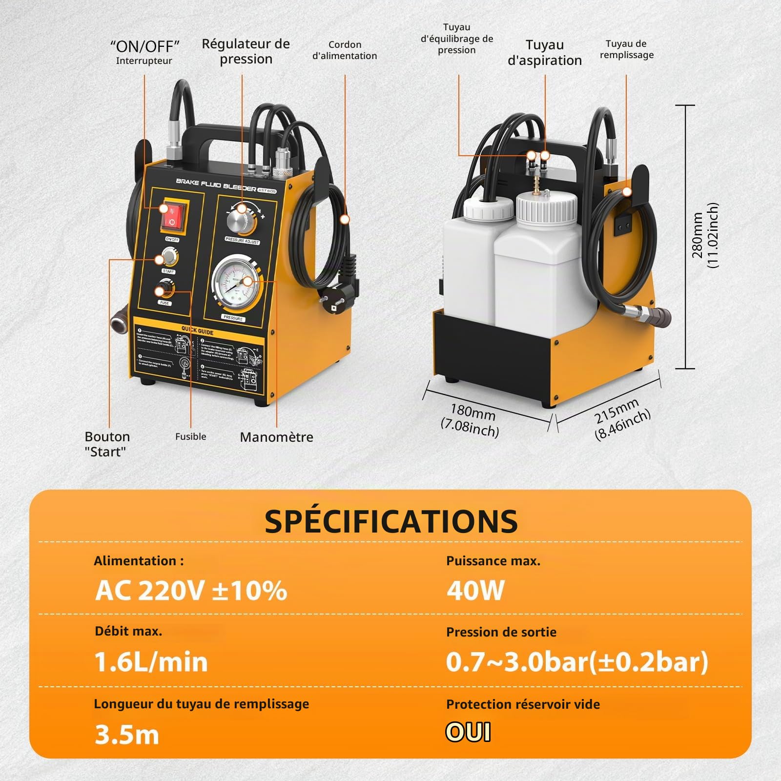 AST605 Purgeur de frein pour voiture, 220 V, automatique, avec 20 adaptateurs de 0,7 à 2,5 bar, pression réglable, dispositif de changement de liquide de frein