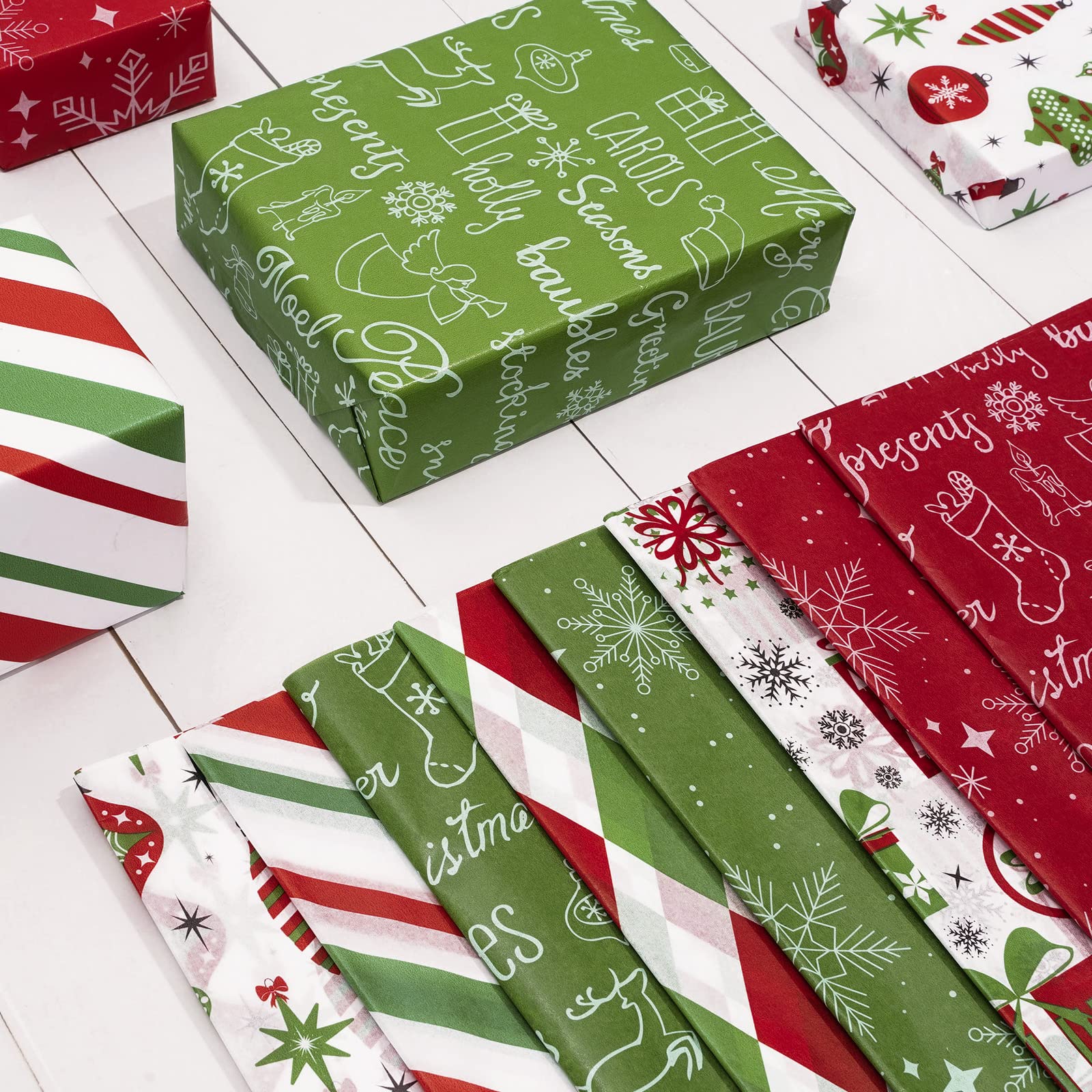 Whaline 160 Blatt Weihnachten Seidenpapier Vintage Rot Grün Xmas Geschenkpapier Schneeflocke Geschenkverpackung Seidenpapier Rustikales Kunstpapier Handwerk für DIY Geschenktüten Xmas Winter Neujahr
