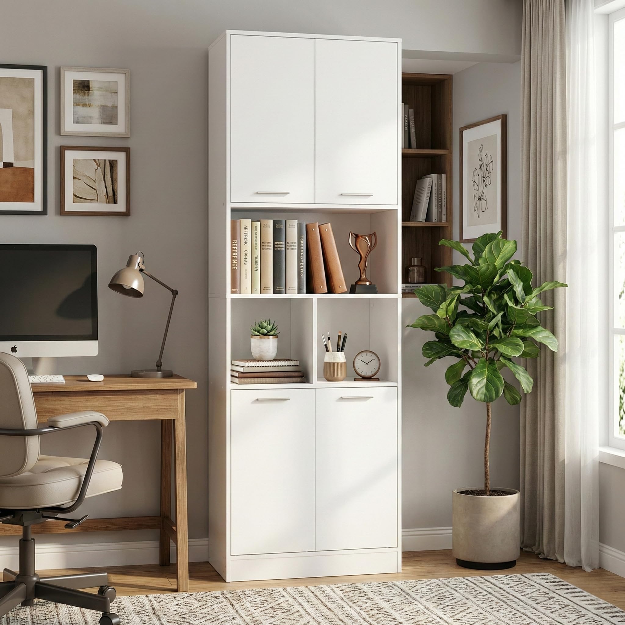 Küchenschrank Hochschrank (60x40x180,5 cm), Mehrzweckschrank mit 4 Türen & & 3 Fächern,verstellbaren Einlegeböden, Vorratsschrank für Küche, Badezimmerschrank & Wohnzimmerschrank, Weiß matt