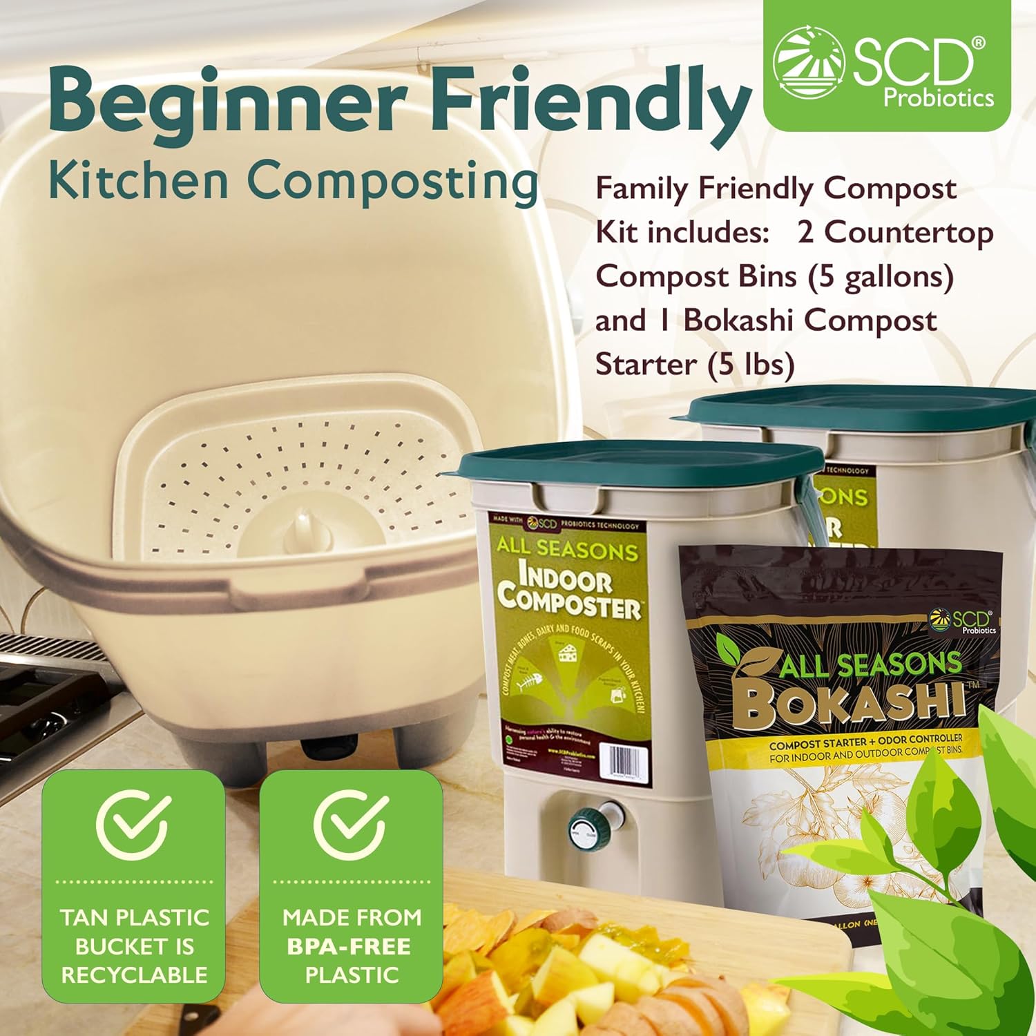All Seasons Indoor Composter Starter Kit - Two Family-Sized Composting Bins for Kitchen Countertop and Bokashi Bran Starter 5 lb (2 gallons), Easily Compost Food After Every Meal, Odor Free Beige