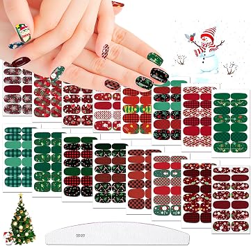 16 Sheets Christmas Nail Polish Strips Full Nail Wraps for Women Holiday Nail Art Grid Pattern Santa Claus Christmas Tree Elk Nail Polish Wraps with Nail File