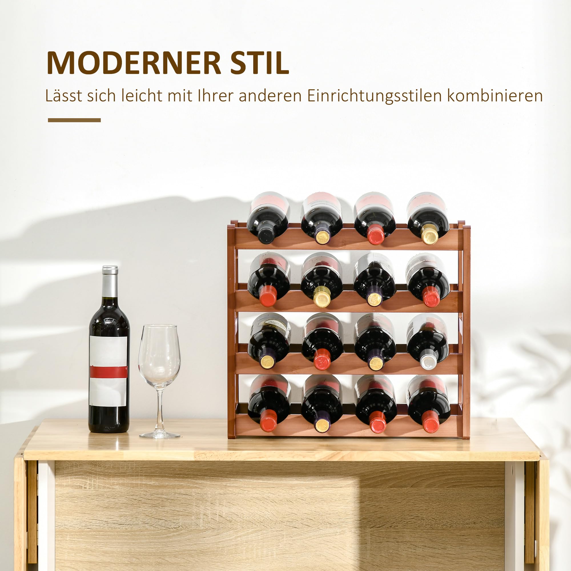 HOMCOM Weinregal für 16 Flaschen Stapelbar Flaschenregal Flaschenhalter Weinflaschenhalter aus Bambus für Keller, Lagerraum, 43 x 23,5 x 38 cm Braun