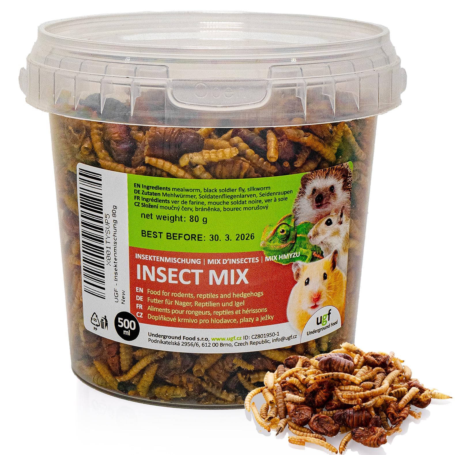 UGF - Insektenmischung - 80g im 500 Milliliter Eimer, Igelfutter, Rennmausfutter, Hamsterfutter, Rattenfutter, Eidechsenfutter - Mehlwürmer, Soldatenfliegenlarven, Seidenraupen