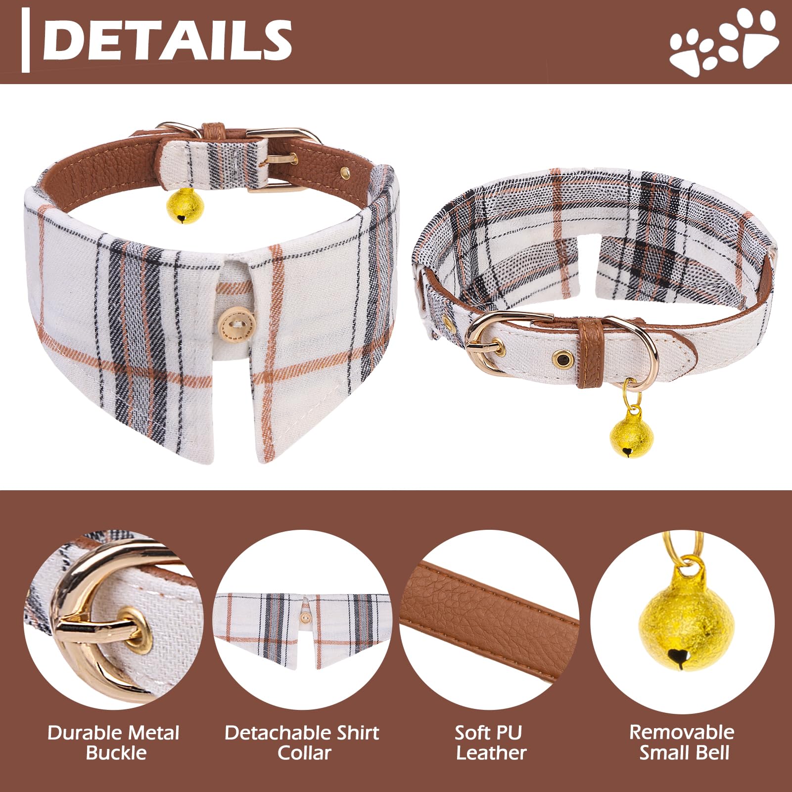 EXPAWLORER Dog Collar and Lead Set, Plaid Puppy Collar and Lead Embroidery Pawprint, Cute Pet Bandana Neck Decor with Bell - Image 3