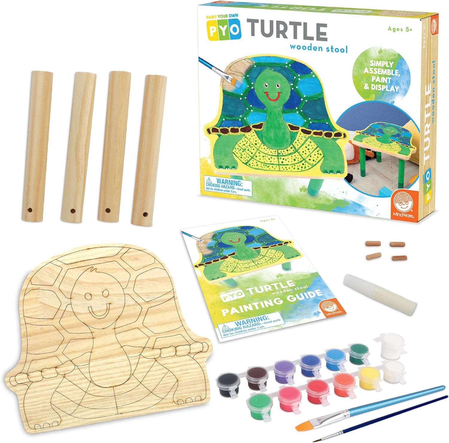 MindWare Paint Your Own Turtle Wooden Stool, DIY Art Furniture Craft Kit with Paint Brushes and Easy Assembly Parts, Paintable Kids Stool for Creative Playroom Decor, Kids Age 5+