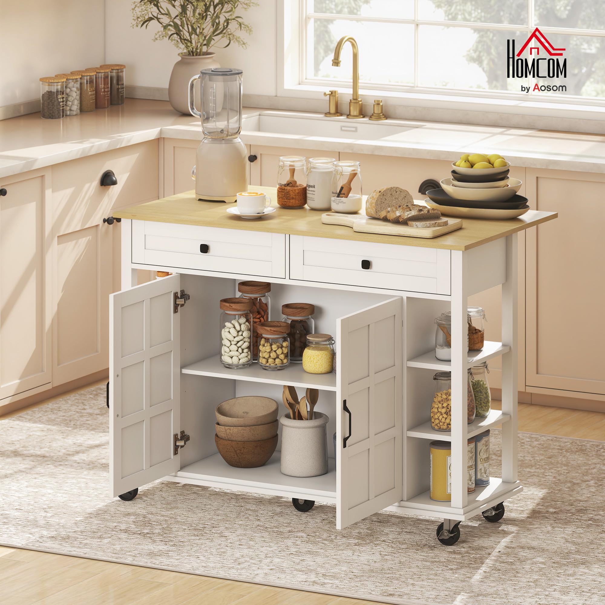 HOMCOM Isla de Cocina con Ruedas, Encimera Plegable, Carro de Cocina con 2 Puertas con Cierre Suave, 2 Cajones, 6 Estantes Abiertos, Blanco