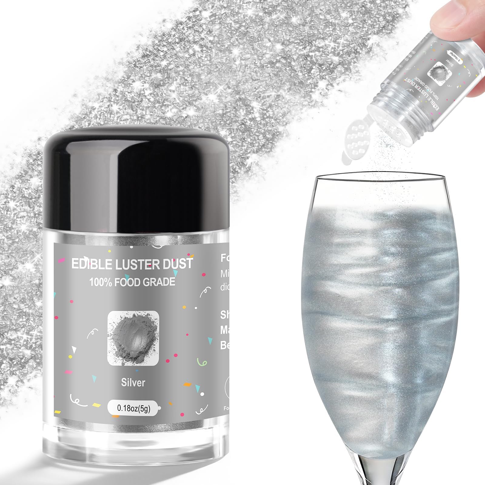 CRPTHE Silver Luster Dust Edible 5g, Edible Glitter for Drinks, Food Grade Glitter Shimmer Sprinkle Powder for Cocktails, Baking, Beverages, Cakes, Strawberries, Cookies, Fondant, Vegan