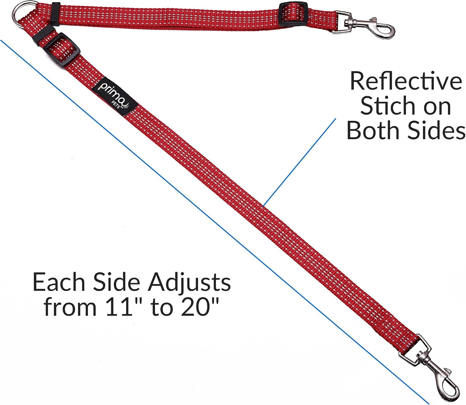 No Tangle Reflective Dog Leash Coupler - Double Dog Walker and Trainer Leash - Two Dogs Adjustable Splitter Lead - Each Side Adjusts 11" to 20" in Length (Medium - 3/4" Width, RED) image 2